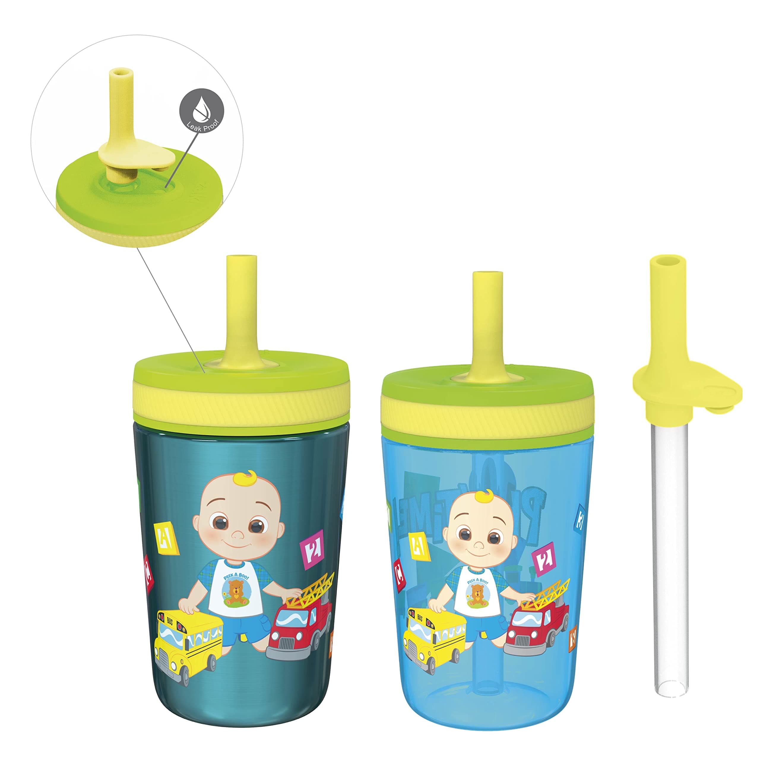 CoComelon Kelso Tumbler Set, Leak-Proof Screw-On Lid with Straw, Bundle for Kids Includes Plastic and Stainless Steel Cups with Bonus Sipper (3pc Set, Non-BPA)