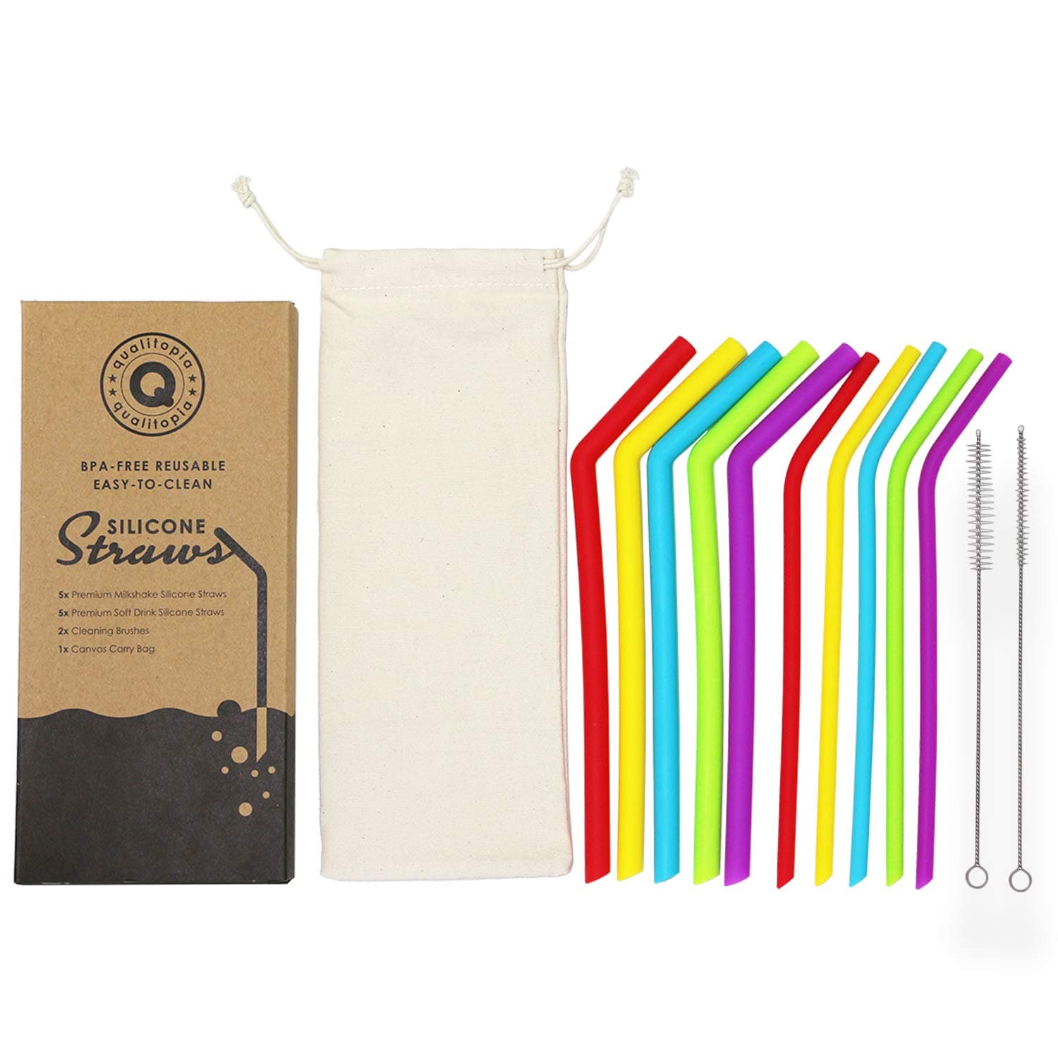 Reusable BPA Free Silicone Drinking Straws x 12 | 6 Standard & 6 Smoothie Width | Safe for Children, Certified Food Grade | Easy Clean, 2 Brushes | Handy Cotton Storage Bag | Zero Plastic Packaging!