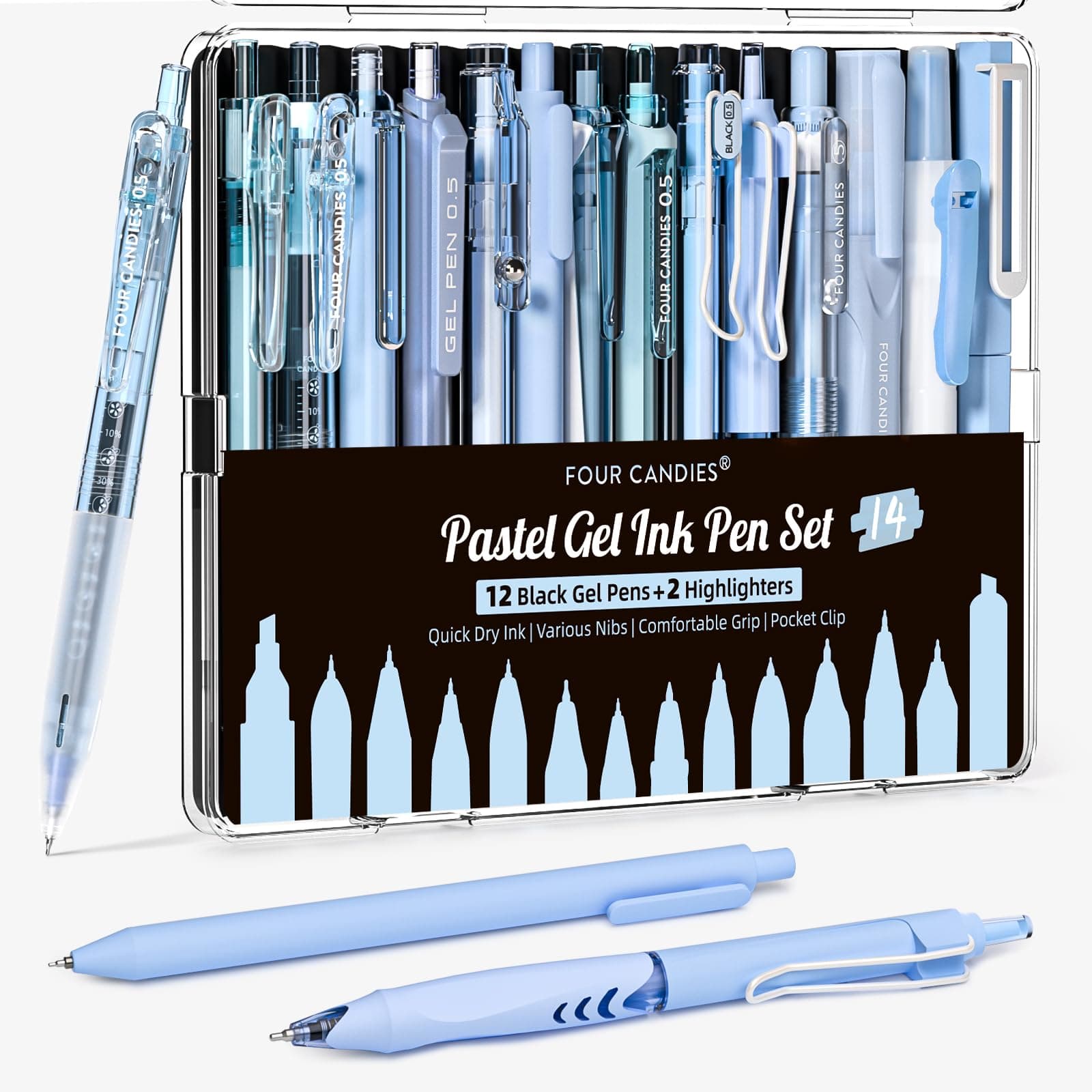 Writing Ink Pens with Black & Blue Ink and 2Pack Highlighter, Retractable 0.5mm Smooth Fine Point Pens,Blue Pens for School,Office Girly Stationery Aesthetic Desk Accessories Set of 14