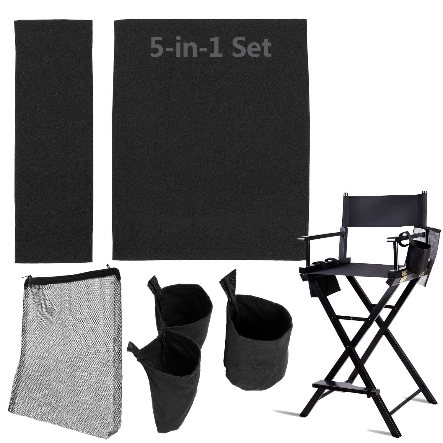 STAY GENT 5 in 1 Accessories Set for Makeup Artist Chair - Black Replacement Cover Canvas, 2 Portable Side Storage Bags and Hanging Mesh Bag