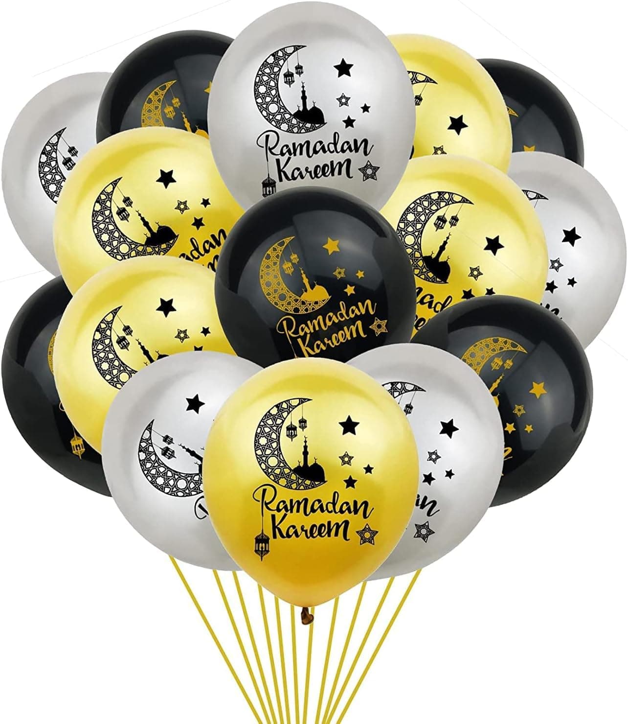 18pcs Ramadan Mubarak Decorations, 12In Balloons, Black Silver Gold for Home Eid Decor