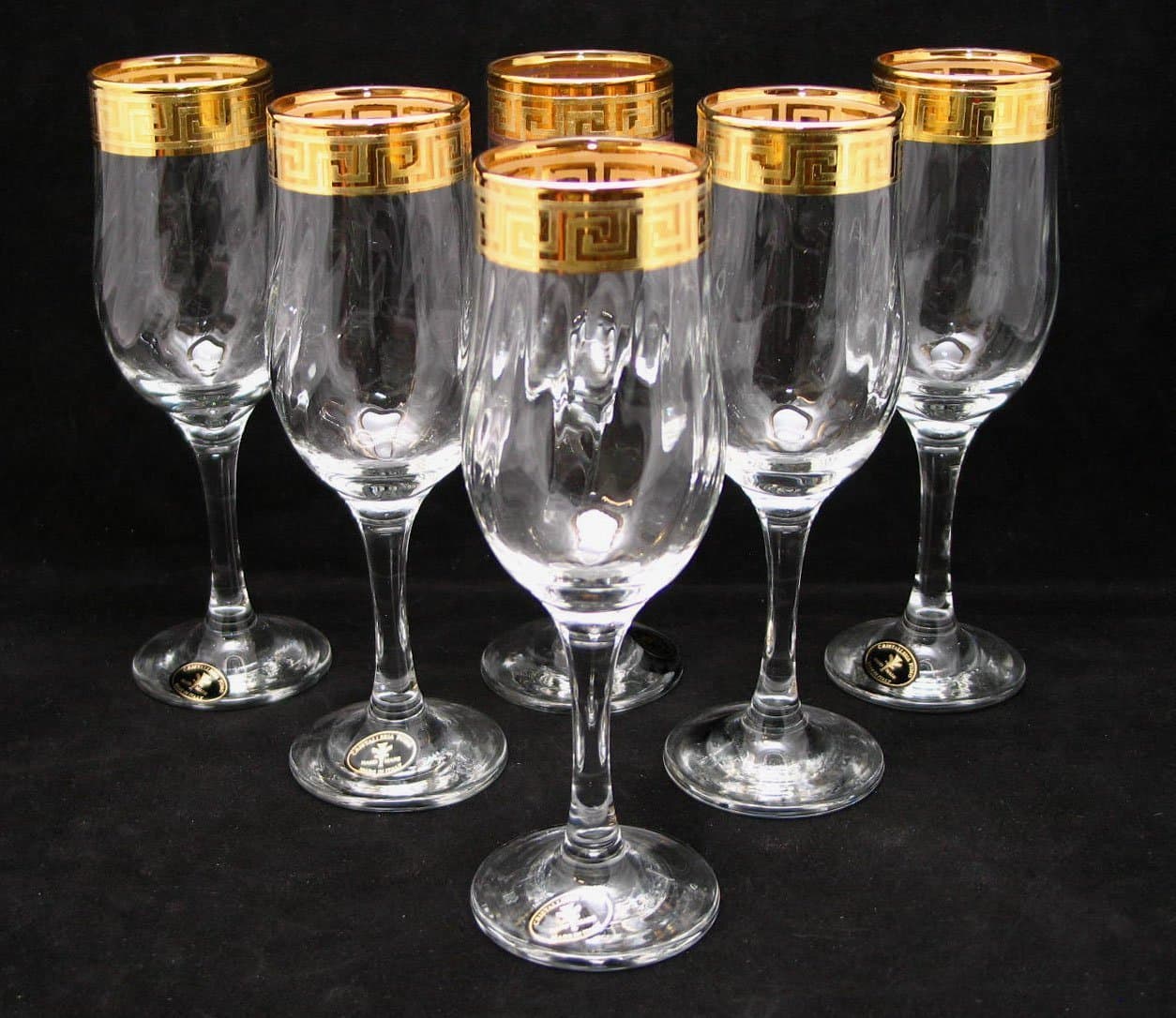"Cristalleria Fratelli Fumo" Crystal Champagne Flutes, 8 Oz. 24 Karat Gold Rimmed Greek Key Accent, Hand Made in Italy, SET OF 6