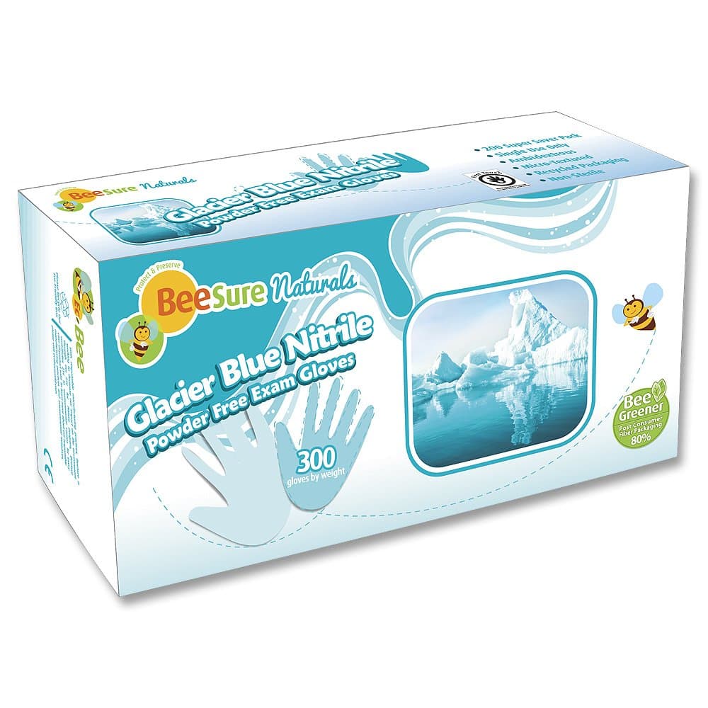 BeeSure BE2926 Naturals Glacier Nitrile Powder Free Exam Gloves, 3 mil, Small, Nitrile, Beaded-Cuff (Pack of 300),blue