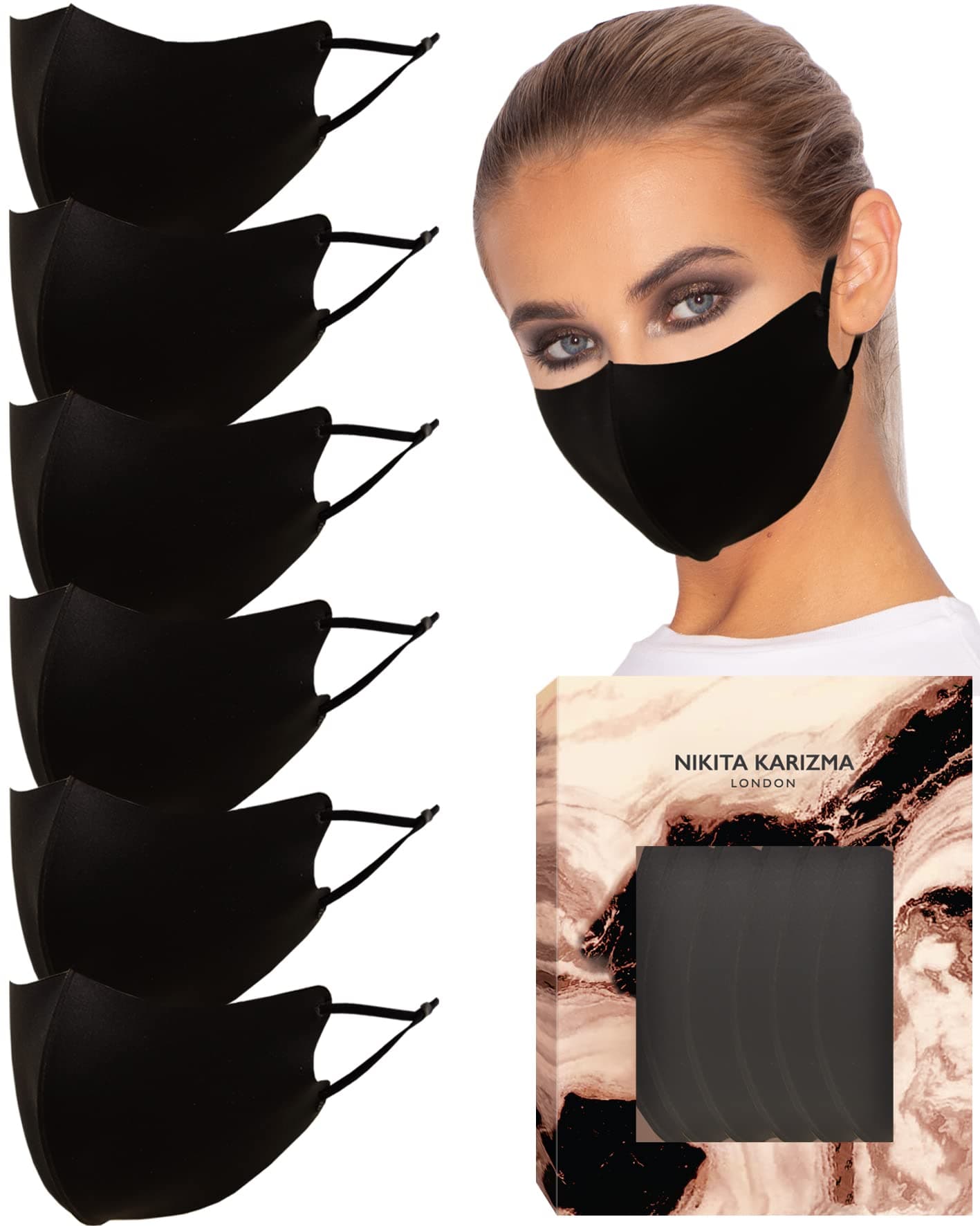 KARIZMA Face Wardrobe Cloth Face Mask for Women Pack. 6 Buttery Soft Black Face Masks Washable Fabric with Adjustable Ear Loops. Face Mask Reusable and Stretchy. Comfortable and Fresh Facemask