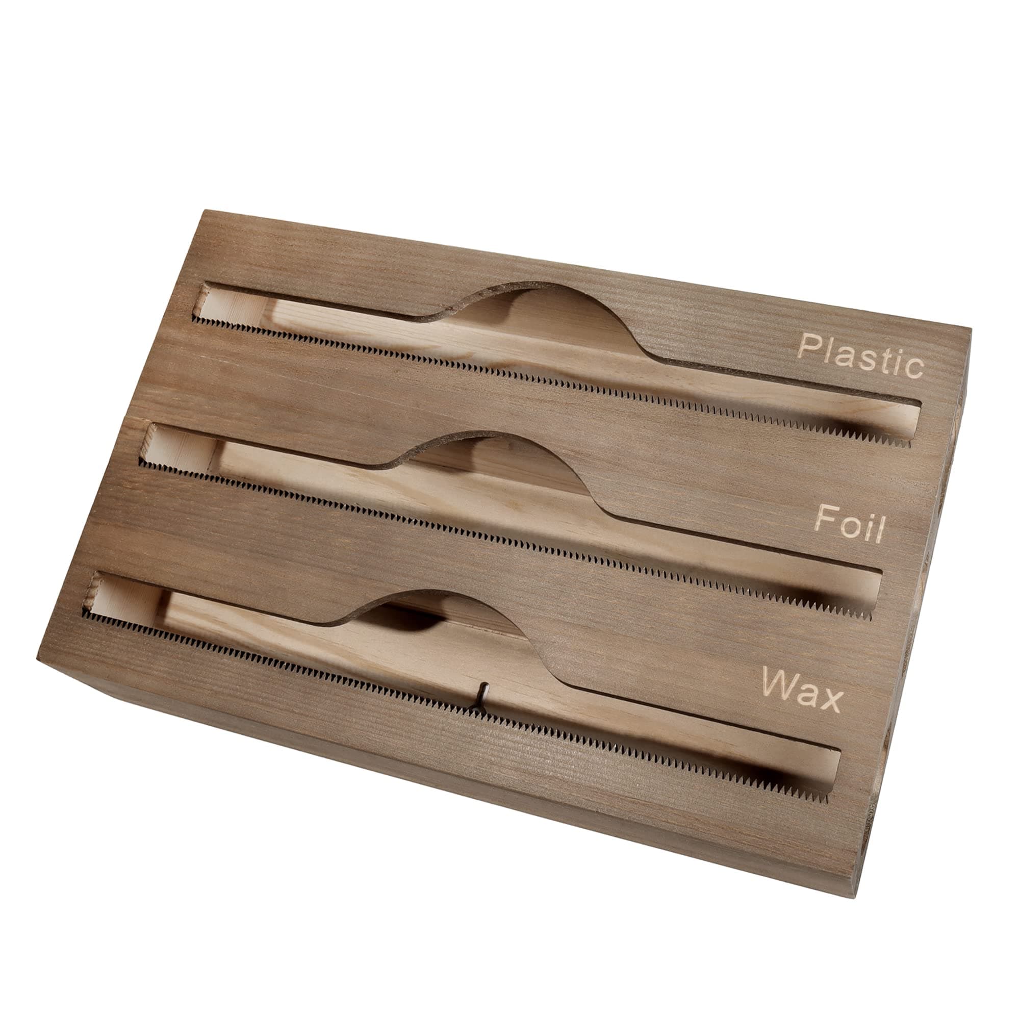 Wooden Foil and Plastic Wrap Organizer with Cutter, Serrated Edge Dispenser, Kitchen Drawer or Wall Mounted Storage, Roll Holder for Cling, Aluminum, Parchment Paper, or Wax Rolls