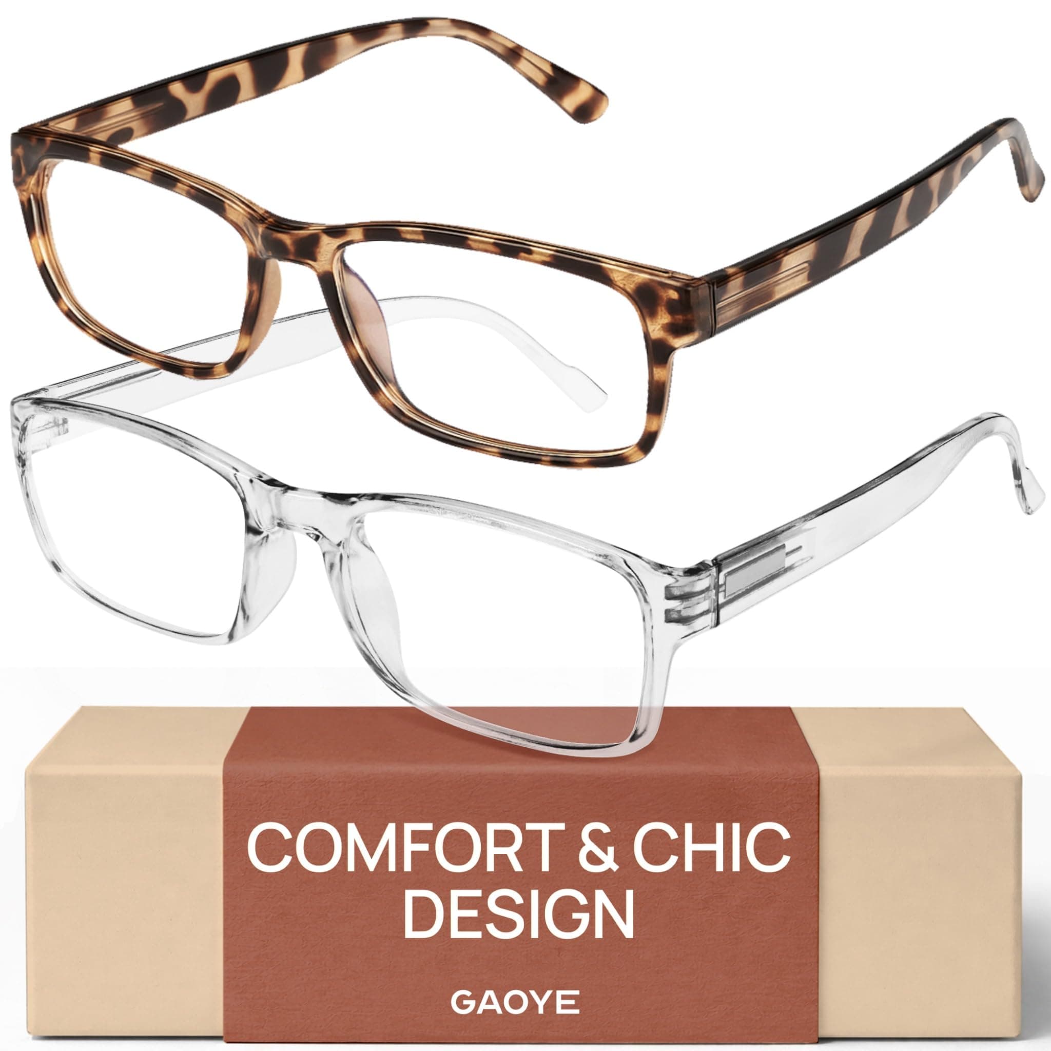 Gaoye 2-Pack of Reading Glasses - Blue-Light Filter, UV Protection - Readers with Rectangle Frames