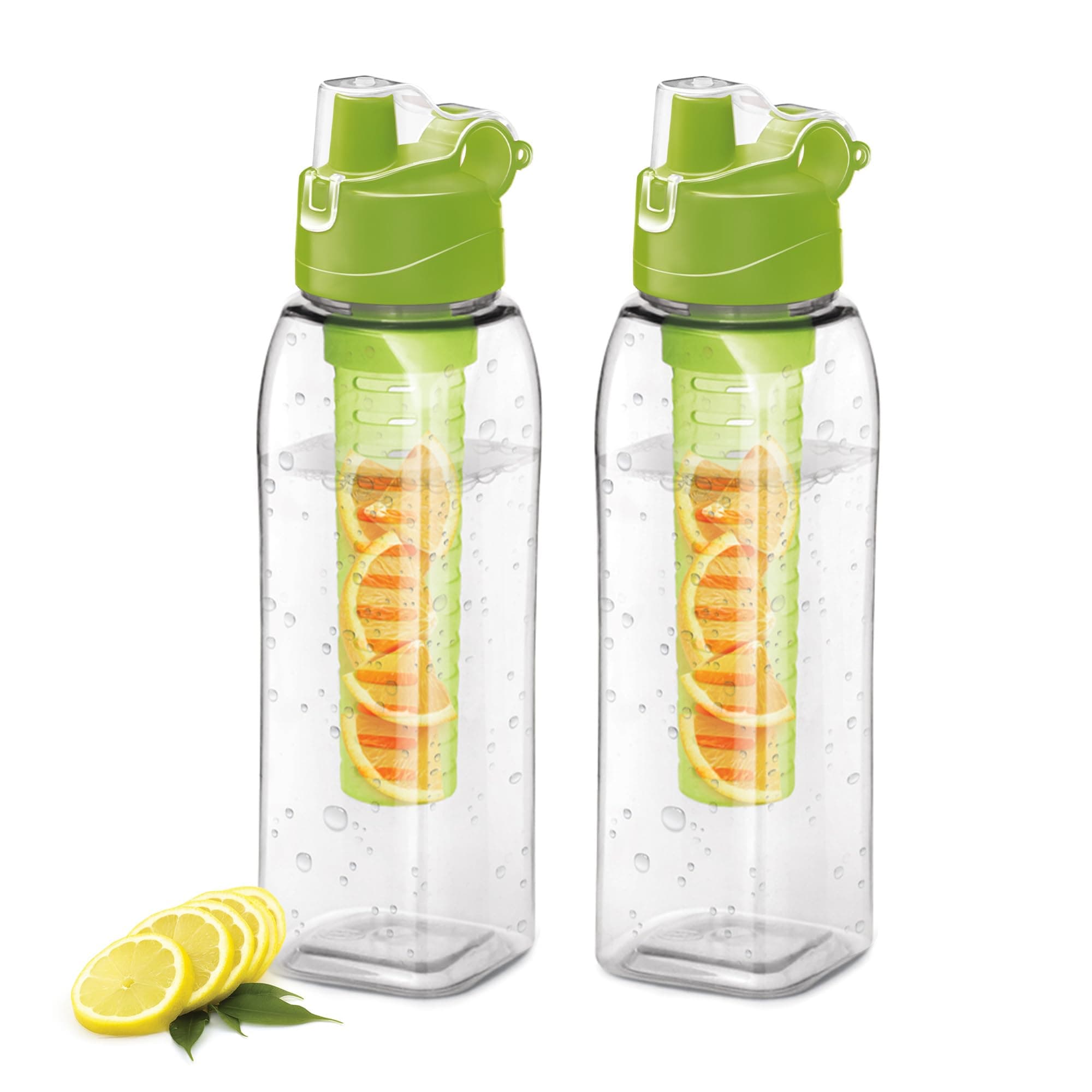 Infuser Plastic Water Bottle, 1 Litre Each, Set of 2, Green, Food Grade, Reusable, BPA Free, Recyclable, Leak Proof, Detox, Fruit Infuser