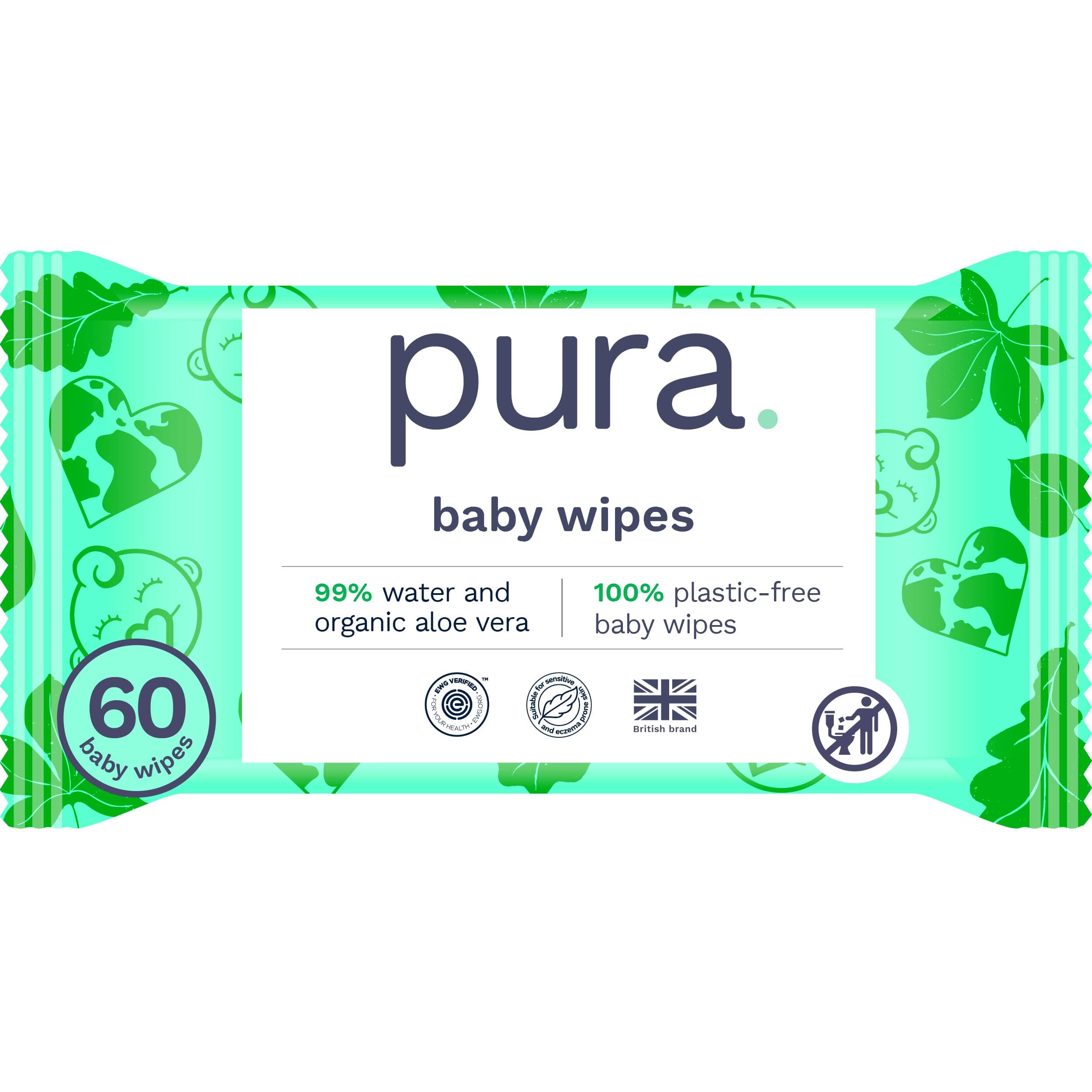 Natural Sensitive Baby Wipes, 99% Water, Unscented & Hypoallergenic, Suitable for Sensitive & Eczema-prone Skin, Fragrance Free & Hypoallergenic, EWG Verified, 1 Pack of 60 Wet Wipes
