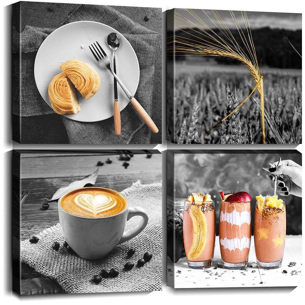 Cortolar Kitchen Canvas Wall Art Prints Black and White Coffee Food Painting Picture for Restaurant Dining Room Cafe Wall Decoration (12"x12"x4pcs)