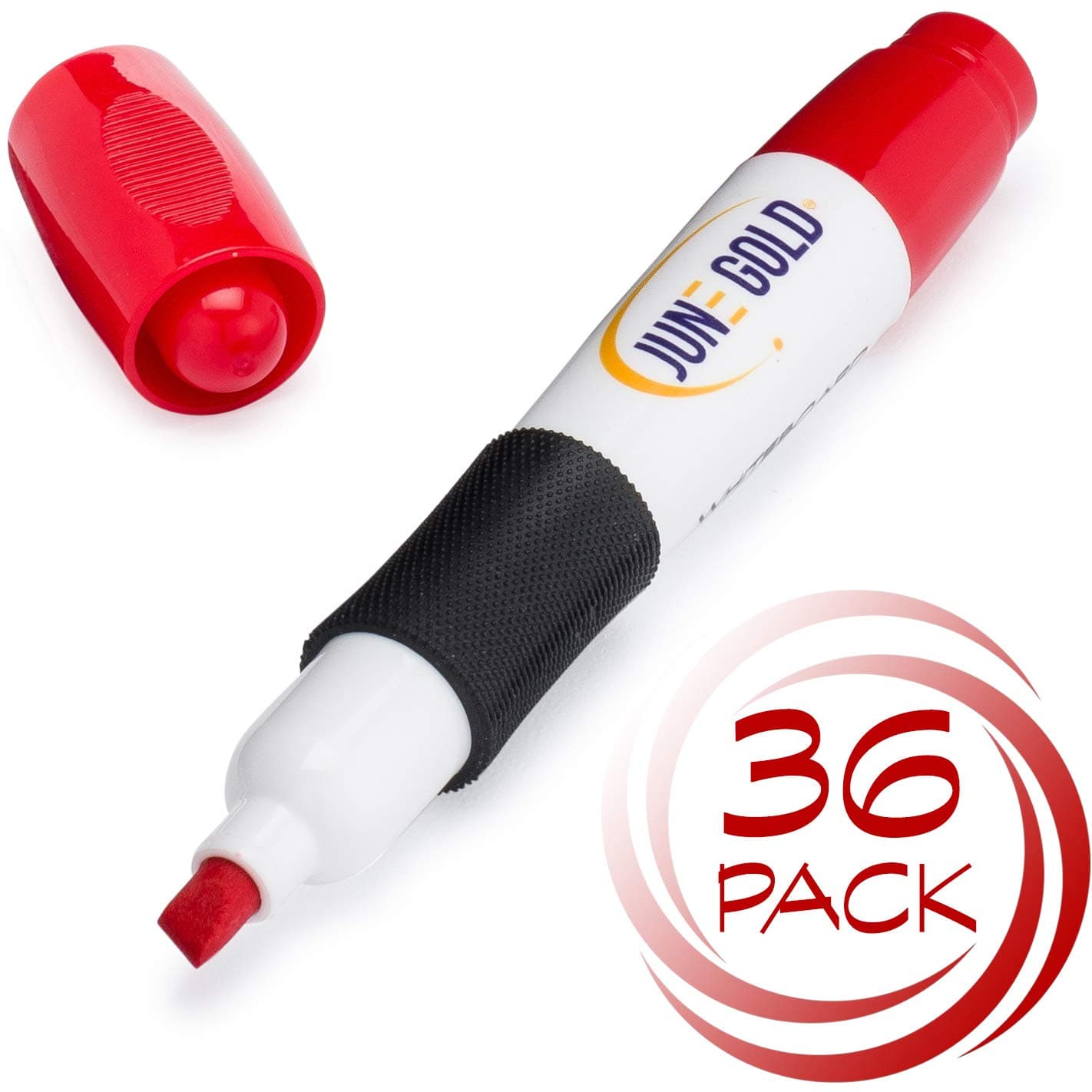 June Gold 36 Red Dry Erase Whiteboard Markers, Chisel Tip, Low Odor, Comfortable Grip & Vivid Lines