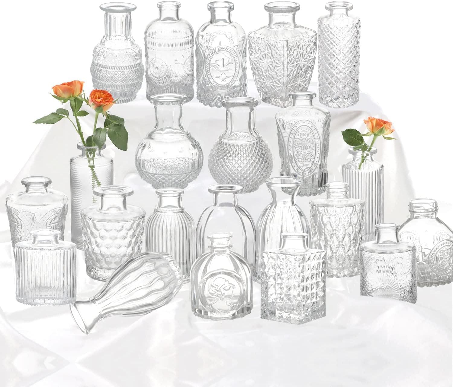 JINDUN Dorany 22PCS Glass Bud Vase, Small Vases for Flowers, Clear Centerpieces, Mini in Bulk Rustic Wedding Decorations, Vintage Look Home Table Flower Decor