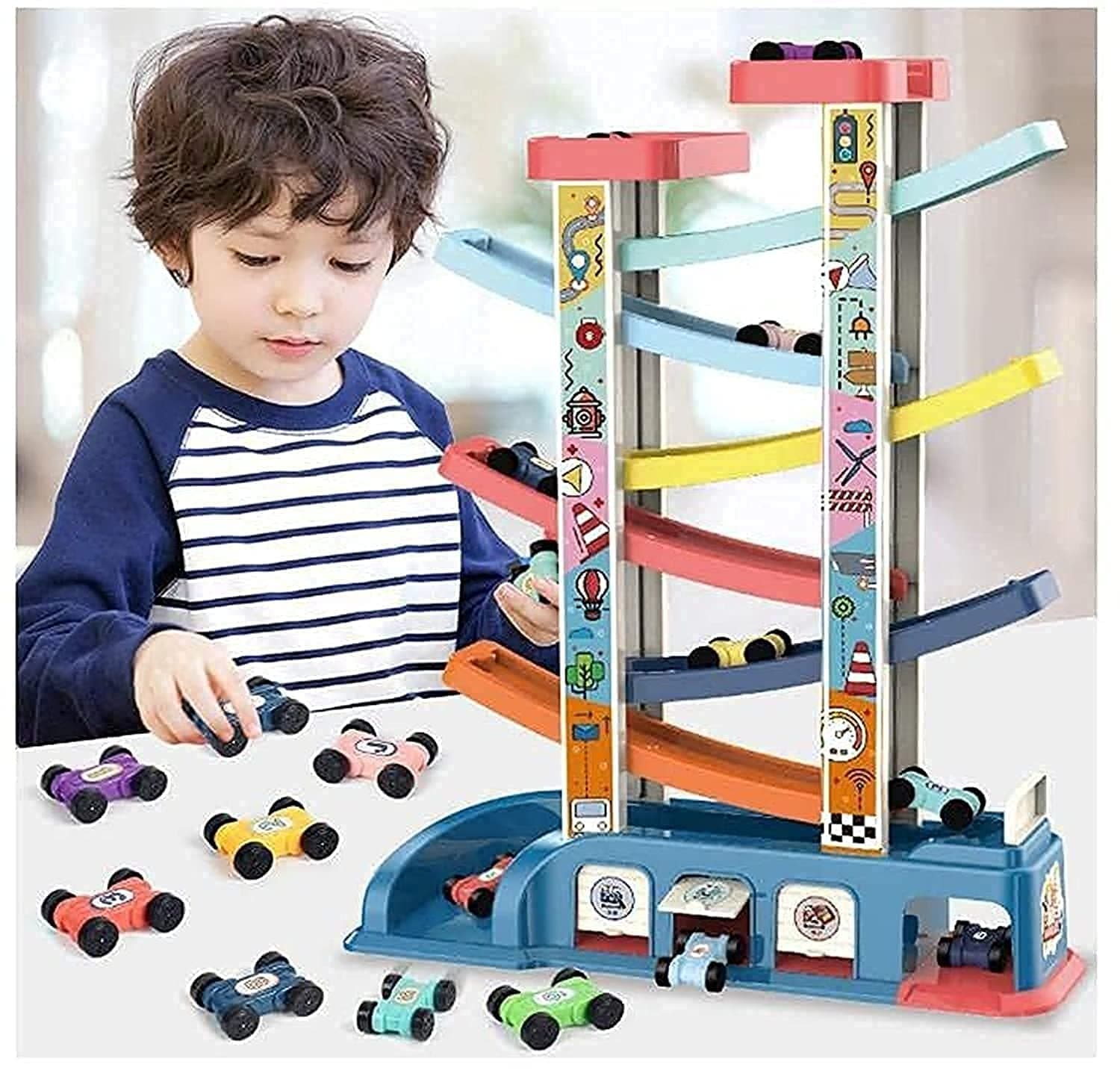 Car Ramp Toy Race Track Car, Montessori Educational Gliding Car Toy Car Slide with 6 Ramps 8 Mini Cars,Racing Car Toys for Kids Boys Girls Parking Lot for Toddler