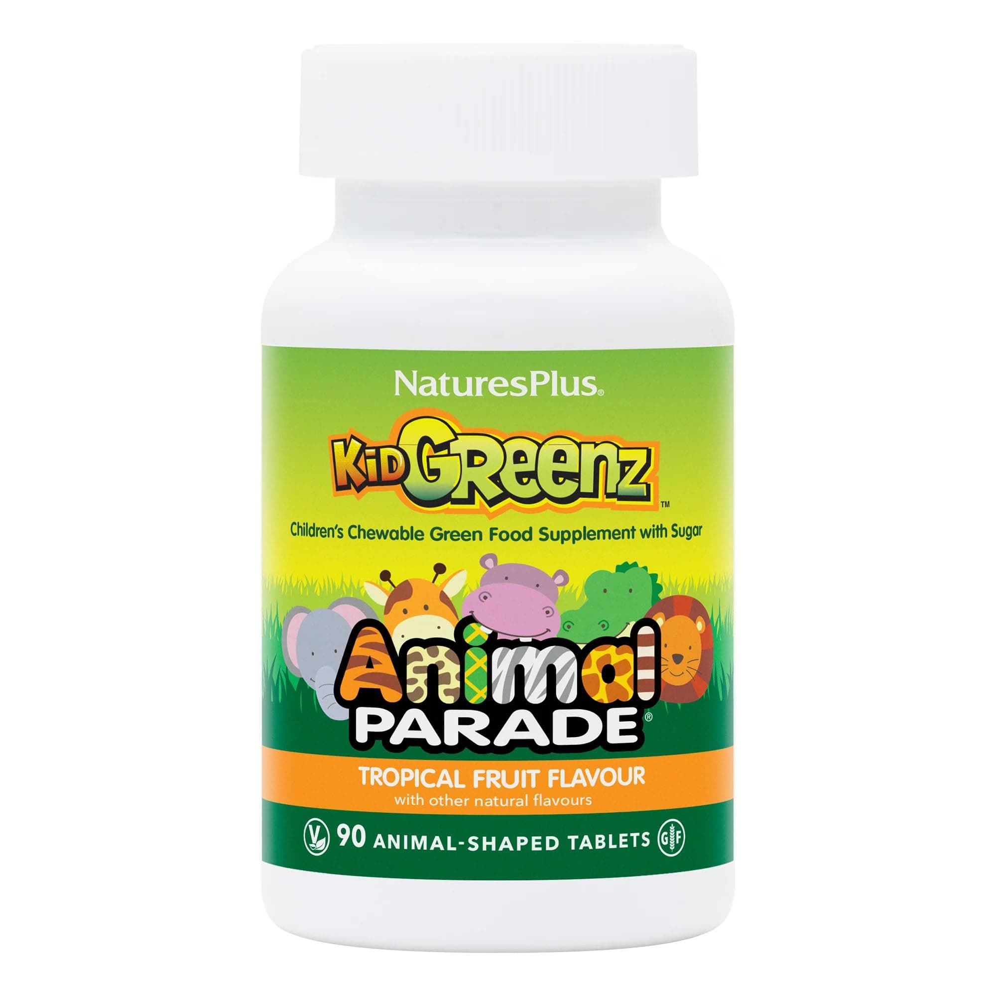NaturesPlus Animal Parade KidGreenz - Green Superfood Blend for Kids - Tropical Fruit Flavour - Vegan, Gluten Free - 90 Chewable Tablets