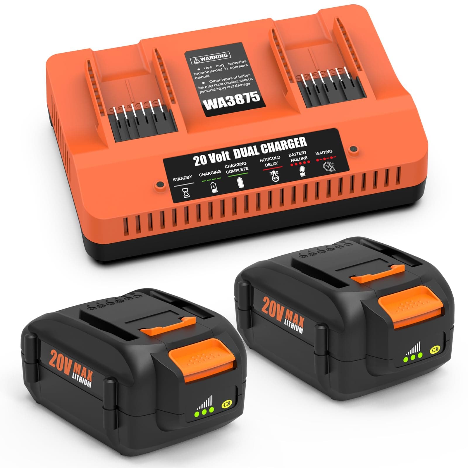 2Pack 20V 6.0 Ah Battery Replacement for Worx WA3525, WA3520, WA3575, WA3578,WA3669 and 20 Volt Dual Port Battery Charger Replacement WA3875
