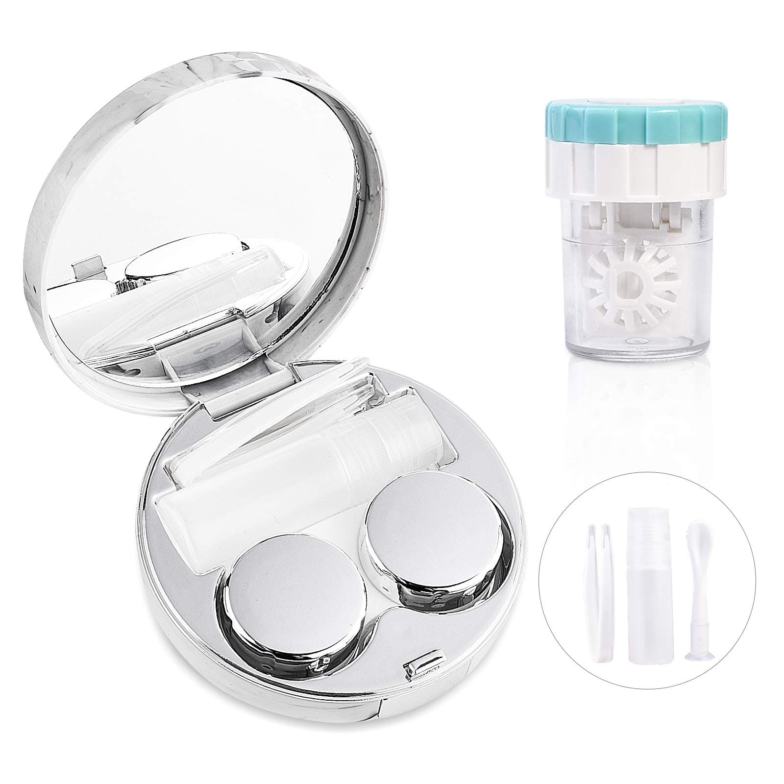 - Lasiyanor Contact Lens Travel Kit with Cleaner Washer, Portable Contact Box with Mirror Tweezers Remover Tool Solution Bottle for Daily Outdoor (Silver)