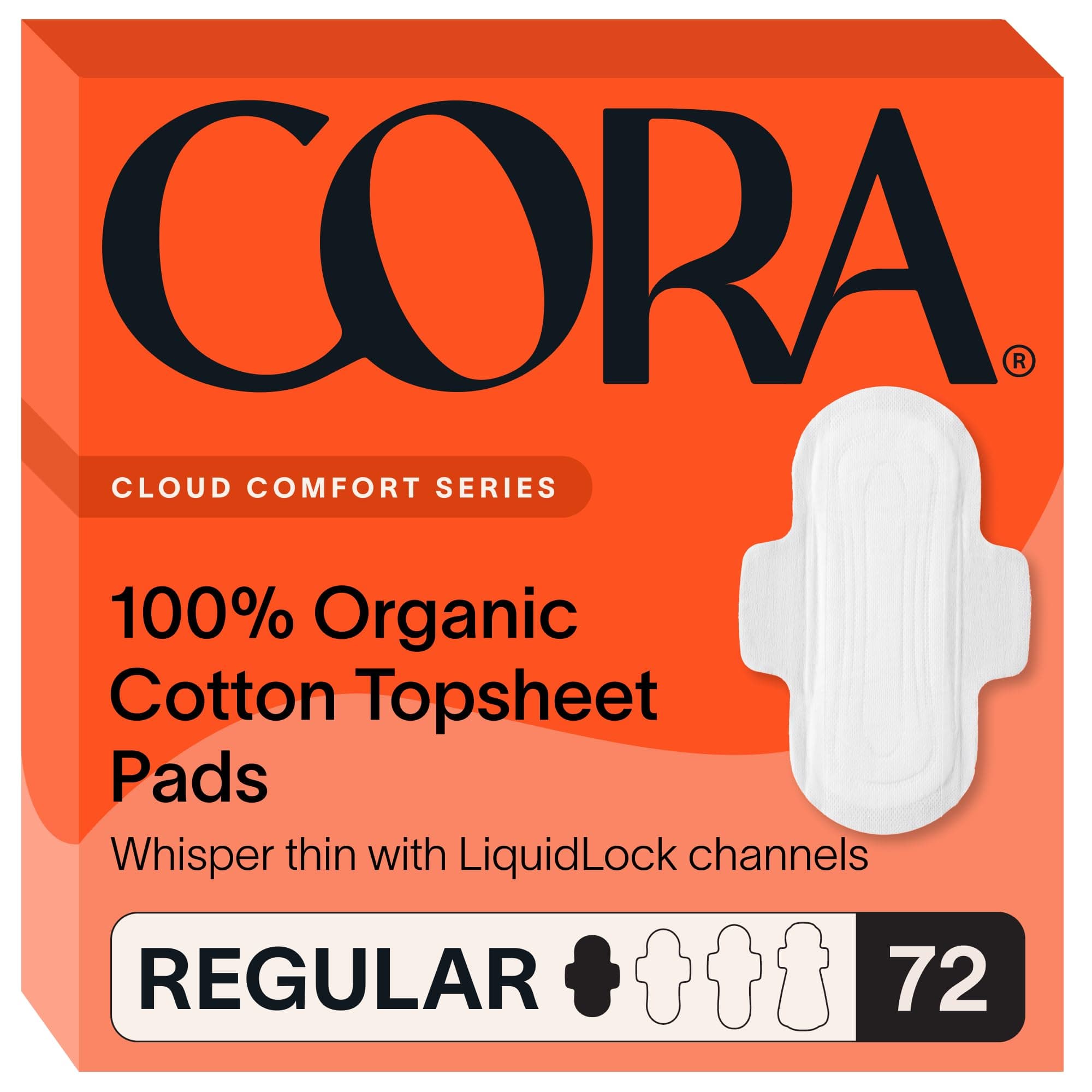 Cora 100% Organic Cotton Topsheet Pads (72 Regular Pads)
