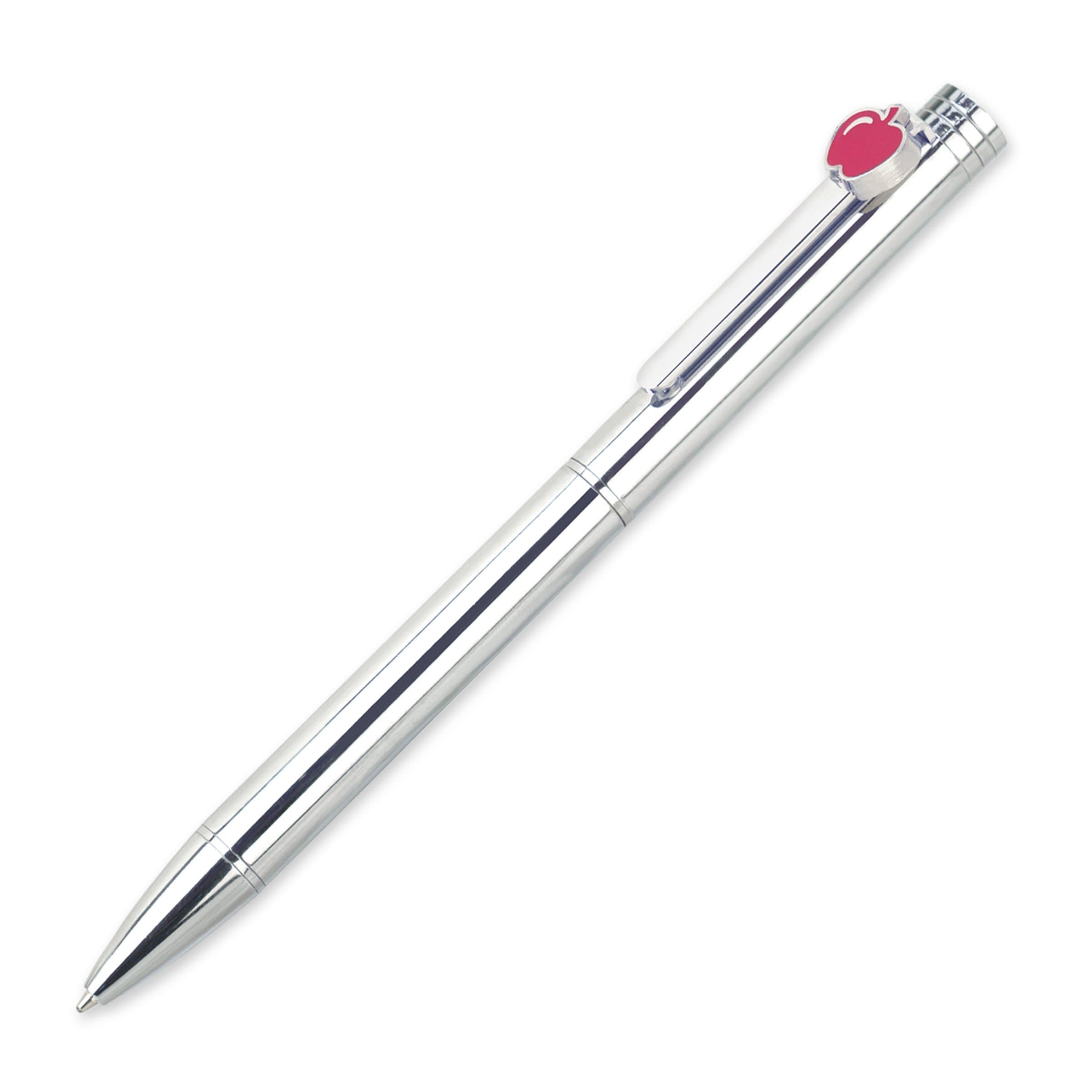 Twist-action Red Apple Teacher Appreciation Gift Ballpoint Pen Black Ink Polished Silver Casing Solid Brass Core