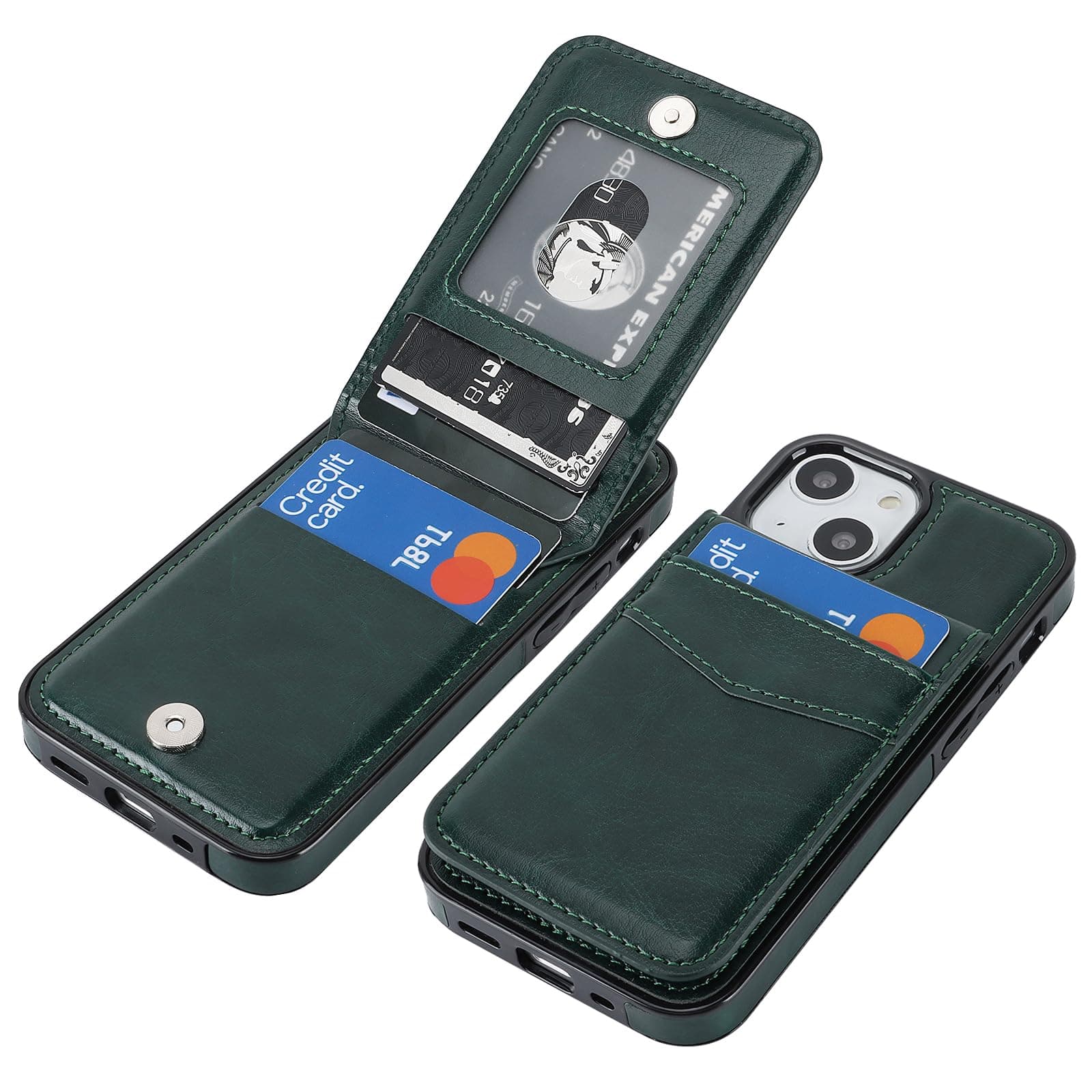 KIHUWEY Compatible with iPhone 13 Mini Case Wallet with Credit Card Holder, Premium Leather Magnetic Clasp Kickstand Heavy Duty Protective Cover for iPhone 13 Mini 5.4 Inch(Dark Green)