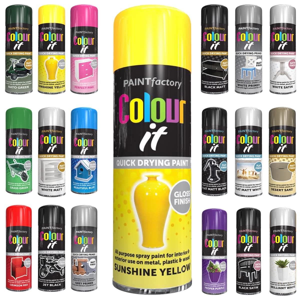 1 x All Purpose Sunshine Yellow Aerosol Spray Paint 250ml Quick Drying Spray, Fast Dry and Excellent Coverage for Wood, Metal, Plastic and more