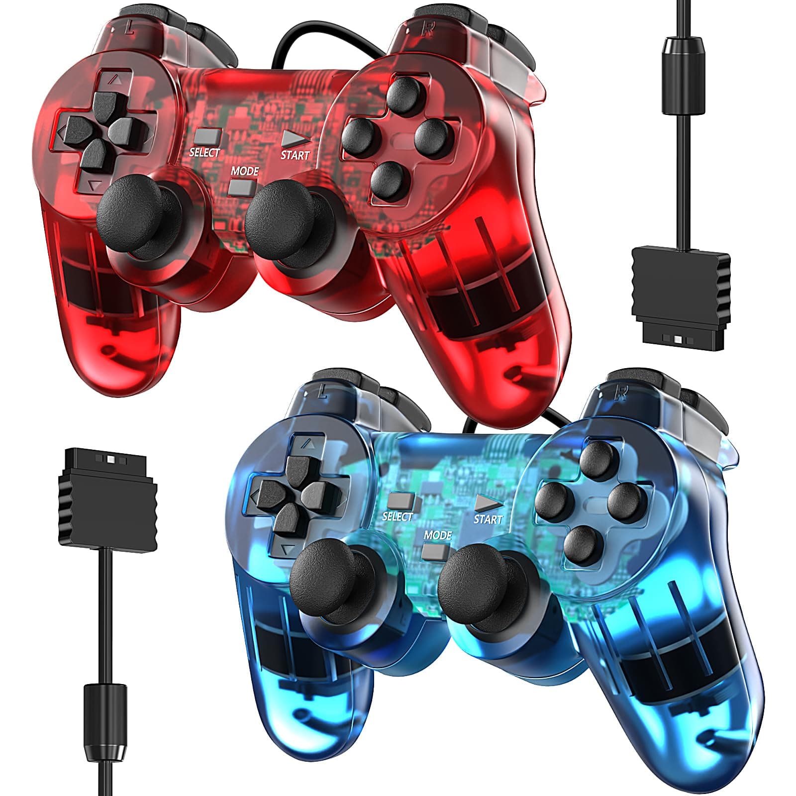 Degulan Wired Controller for PS-2 High Performance Double Shock Gamepad Joystick Remote Compatible with Play 2 (Clear Red and Clear Blue)