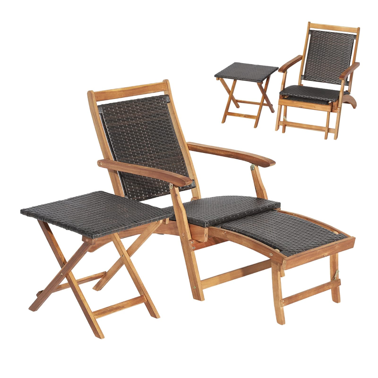 Rattan Sun Lounger, Folding Leisure Armchair with Retractable Footstool, Outdoor Wooden Deck Chair for Patio Balcony Yard Garden (with Wicker Side Table, Brown)