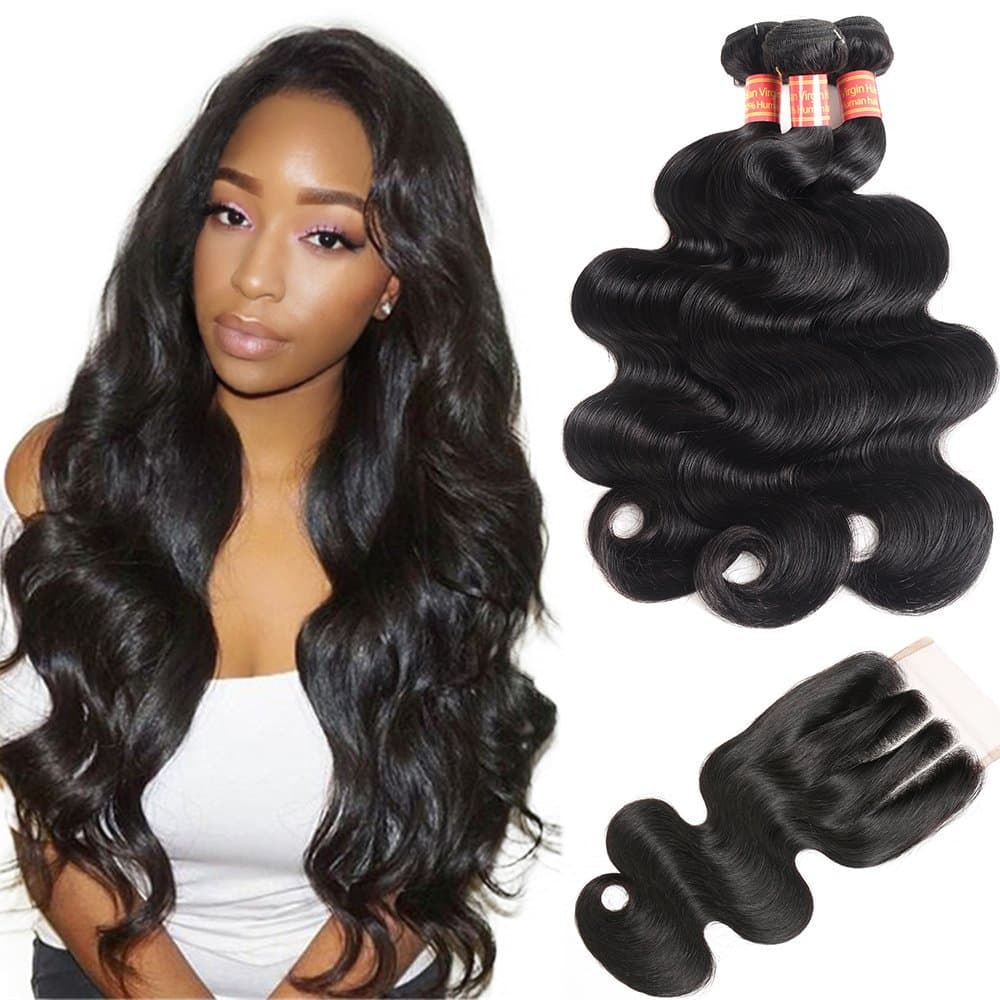 Simei Brazilian Body Wave Bundles with Closure Brazilian Virgin Hair 3 Bundles 100% Unprocessed Human Hair Weave With Lace Closure Virgin Hair Body Wave Hair Extensions(20 22 24+18 three part)