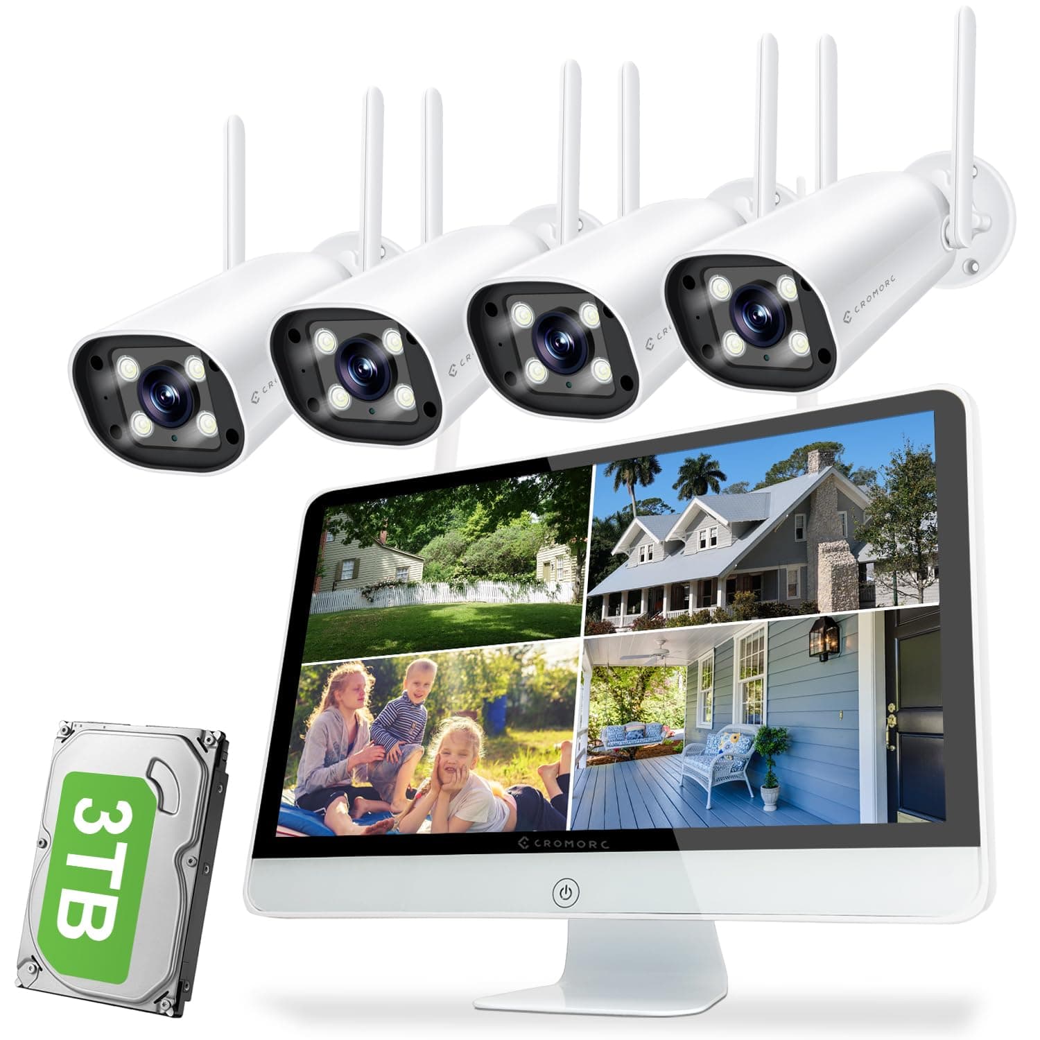 Cromorc Wireless Security Camera System with 16" Monitor Motion Detection Night Vision 2-Way Audio 4 Indoor Outdoor 5MP Camera Expandable 16CH NVR Home Business Surveillance Spotlight Siren 3TB HDD