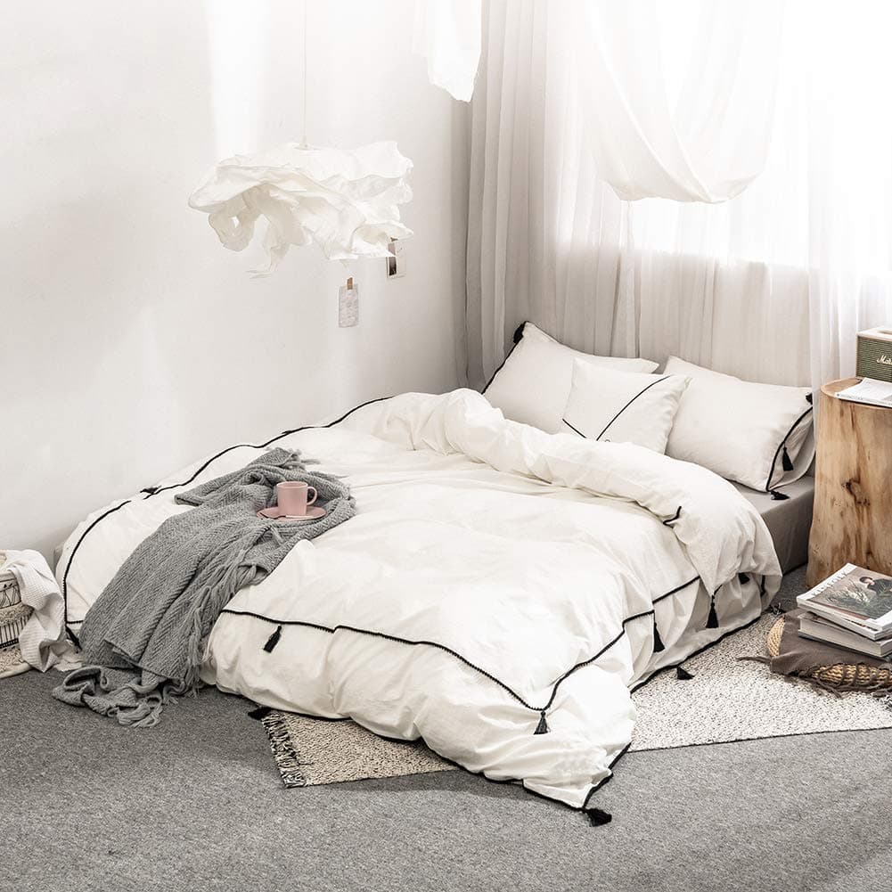 SANMADROLA Cotton Duvet Cover Sets Queen Size Bedding Set 3 Pieces (1 Duvet Cover + 2 Pillow Sham) SJT02-white-queen