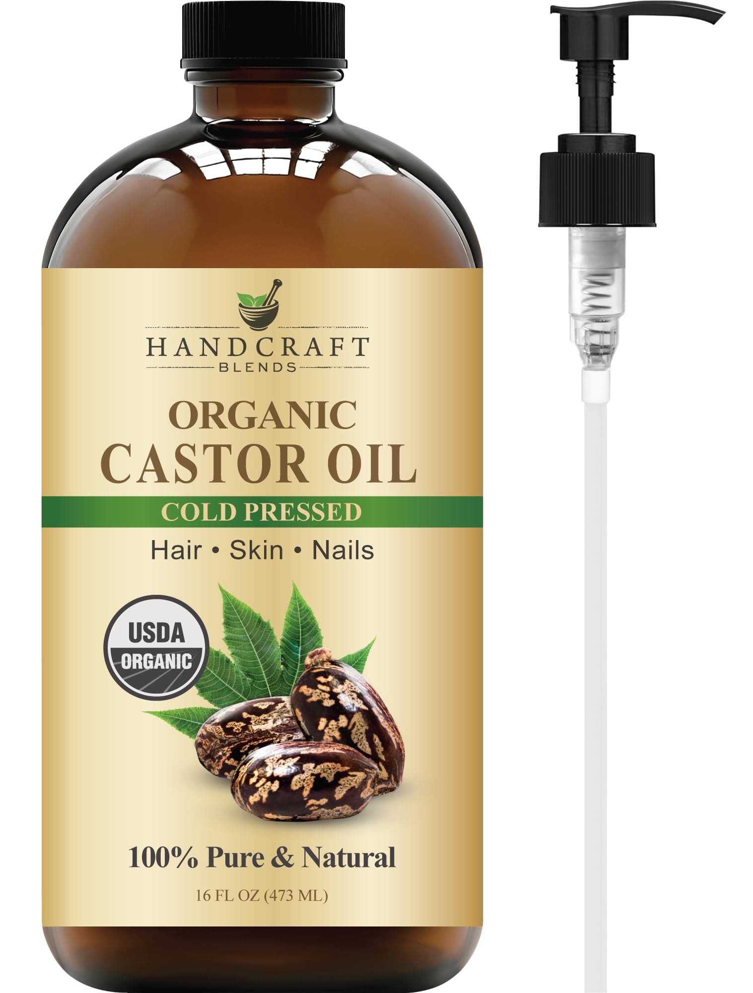 Handcraft Blends Cold-Pressed Organic Castor Oil in Glass Bottle - 16 Fl Oz - 100% Pure and Natural - Premium Grade Carrier Oil for Hair Growth, Eyelashes and Eyebrows - Hair and Body