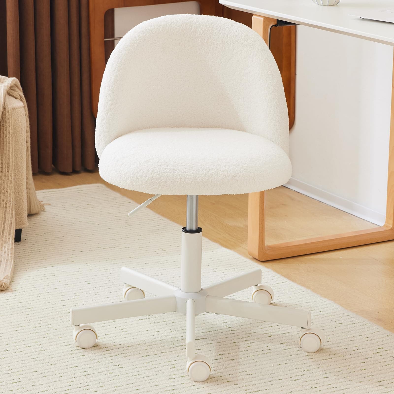 VINGLI Modern Vanity Chair with Back, Velvet Desk Chair for Girls, Small Office Chair with Silent Wheels, Stylish and Comfortable, White