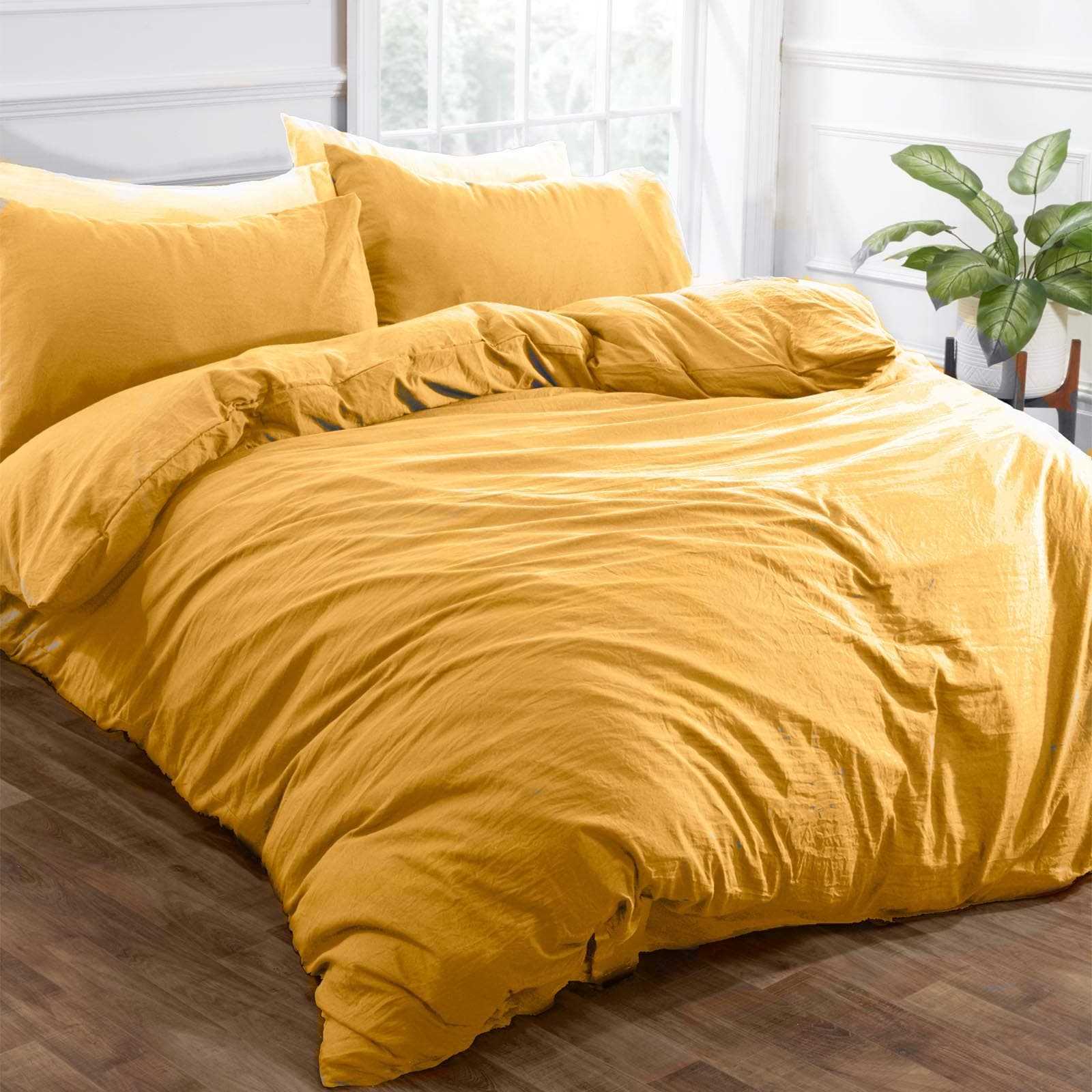 Brentfords Washed Linen Duvet Cover with Pillow Case Soft Brushed Microfiber Bedding Set, Ochre Yellow Mustard - Single