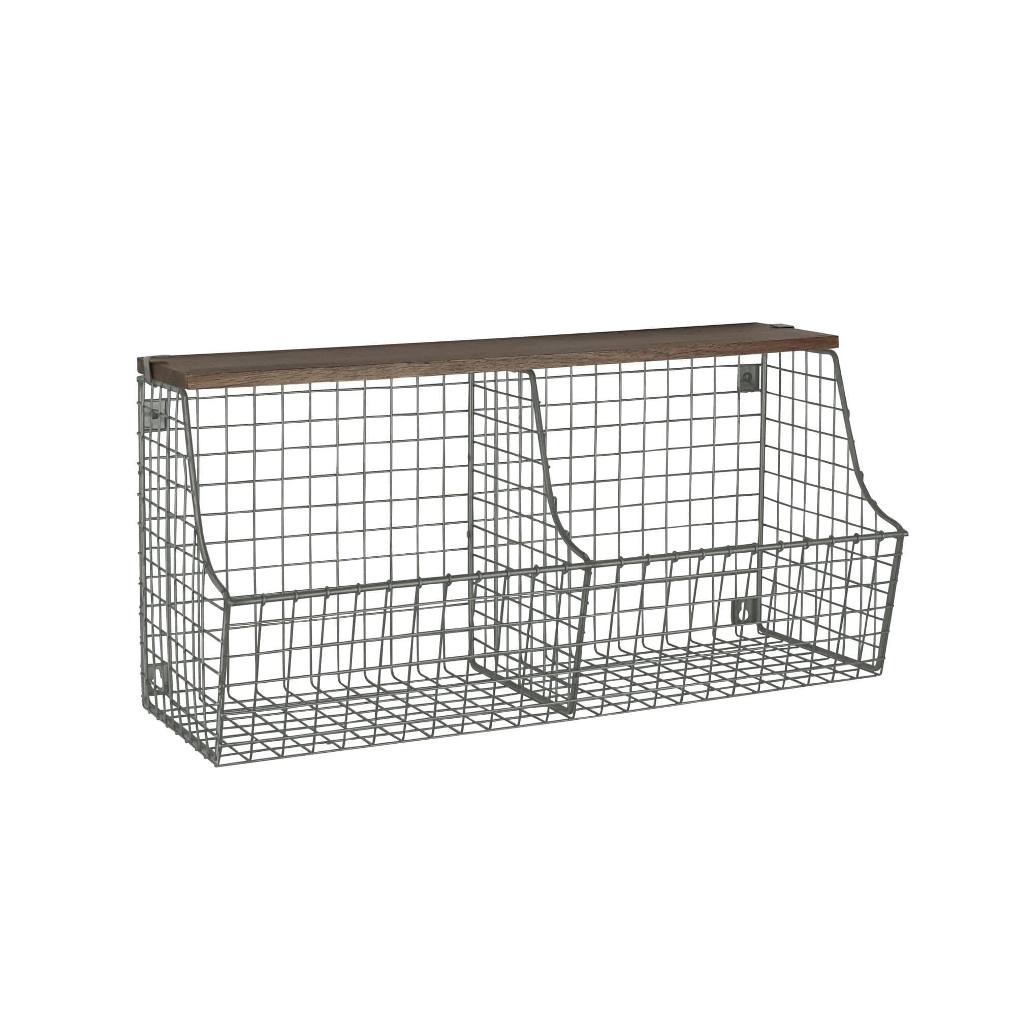 SpectrumDiversified Vintage Double Bin with Wood Storage Wall-Mounted Wire Basket & Wood Shelf, Farmhouse Style Entryway Storage & Organization, Industrial Gray