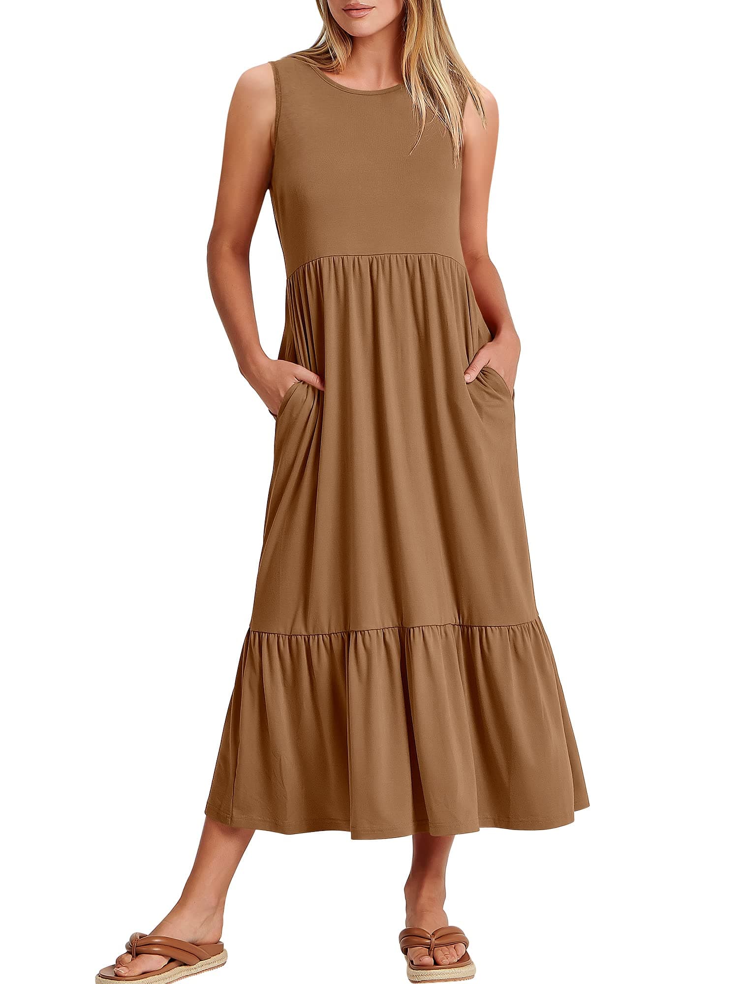 ANRABESS Women Summer Casual Sleeveless Crewneck Sundress Aline Flowy Tiered Maxi Long Beach Dress Vacation Outfits