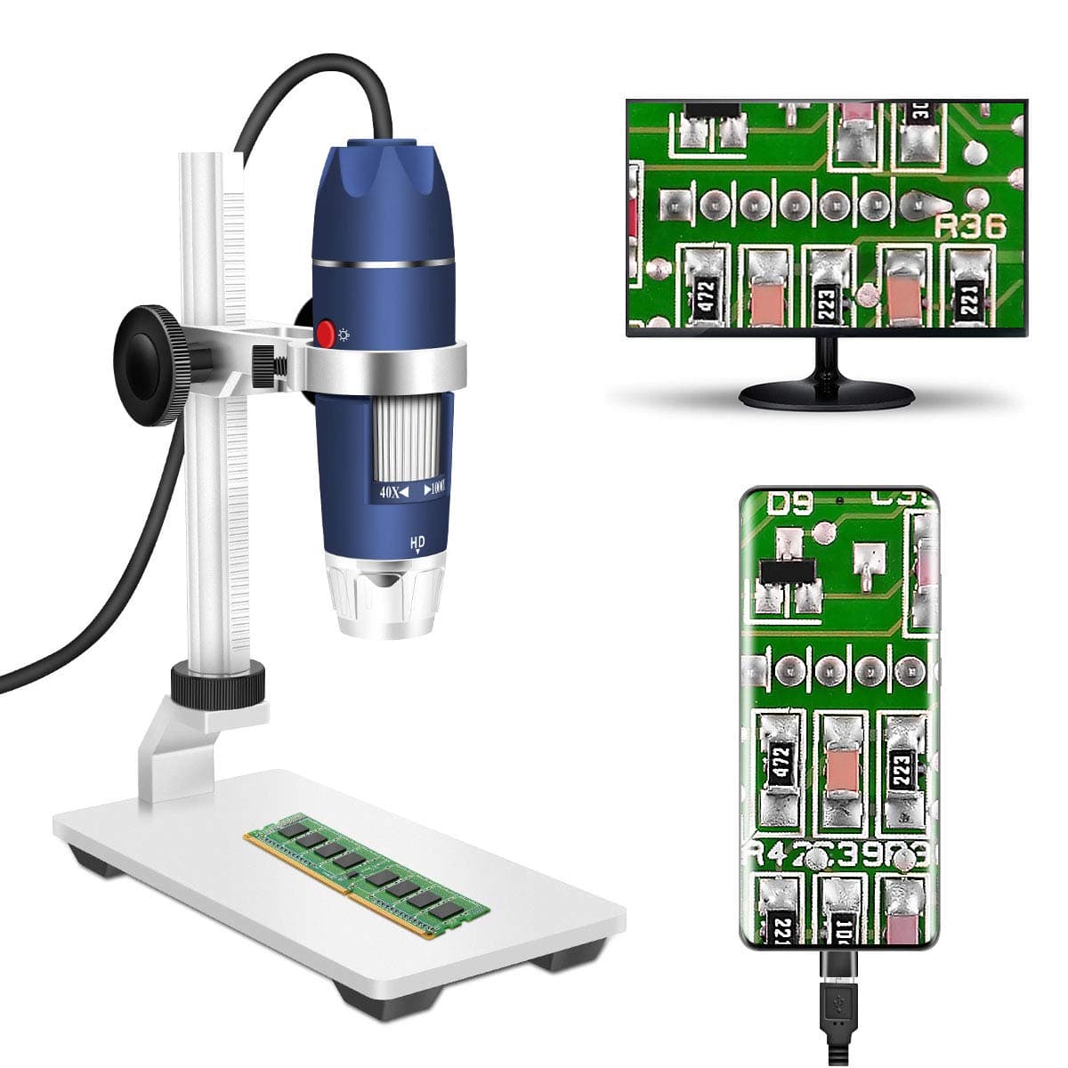 USB Digital Microscope Camera, Jiusion HD 1080P 40-1000X Portable Magnification Endoscope 8 LED with Adaptor Professional Stand, Compatible with Mac Window XP 7 8 10 11 OTG Android Linux