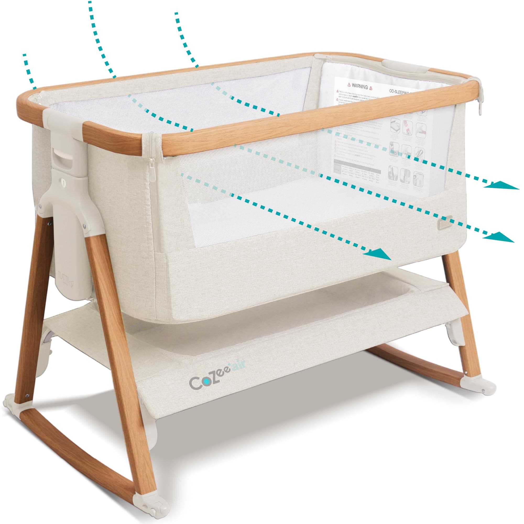 Tutti Bambini CoZee® Air Extra Breathable Next To Me Crib & Standalone Baby Cot - Baby Rocker with Deluxe Airflow Mattress, Easy Fold Bed, Travel Cot with Mattress (0-6 Months) - Walnut/Ecru