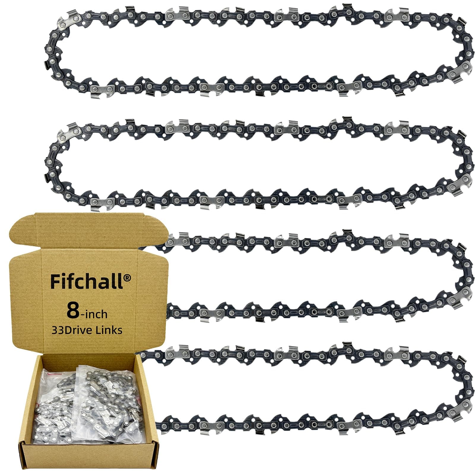 4 Pack 8 Inch Chainsaw Chain 3/8" LP Pitch .050" Gauge 33 Drive Links, 8 Inch Replacement Pole Saw Chains Compatible for Sun Joe SWJ800E SWJ806E, Chicago, Portland 62896, Greenworks, Oregon S33