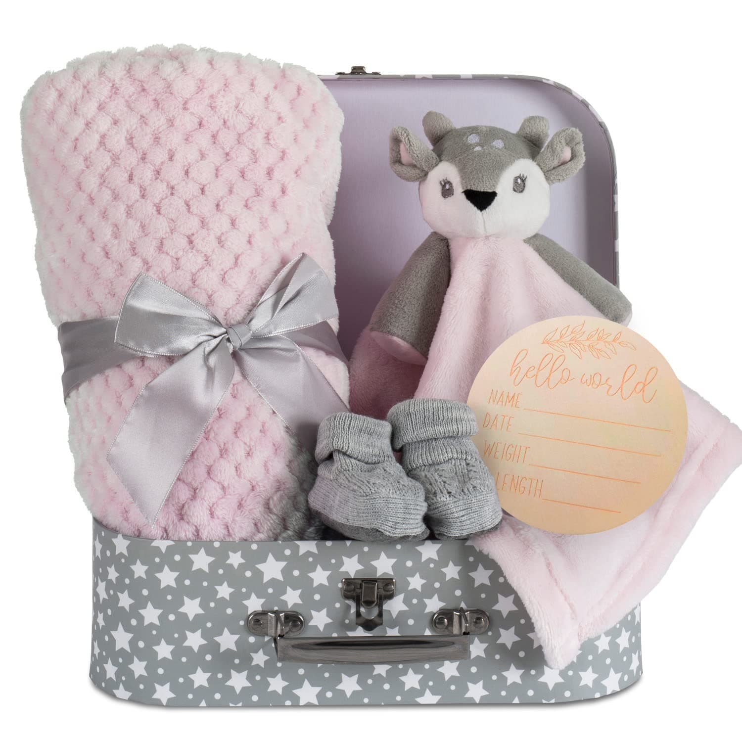 Hoolaroo Baby Blanket New Baby Girl Gifts Newborn Box Fleece Blanket, Pink Deer Fawn Comforter, Knit Booties, Hamper Suitcase Pink Gifts Present Girls
