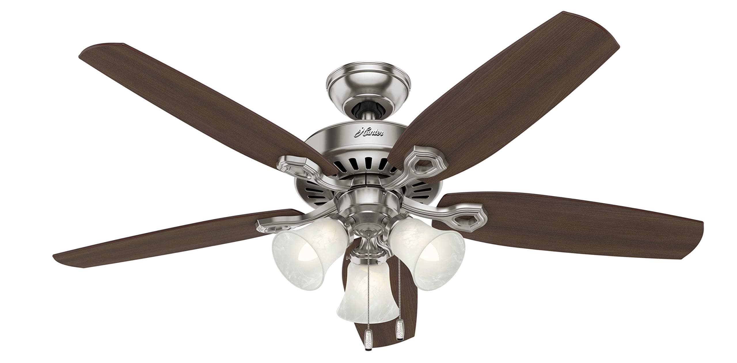 52 inch Indoor Ceiling Fan with LED Lights - Ceiling Fan with Pull Chain, For Bedroom or Living Room, Standard Mount, No Remote, 5 Blades, Includes Bulbs - Builder Plus 53237, Brushed Nickel