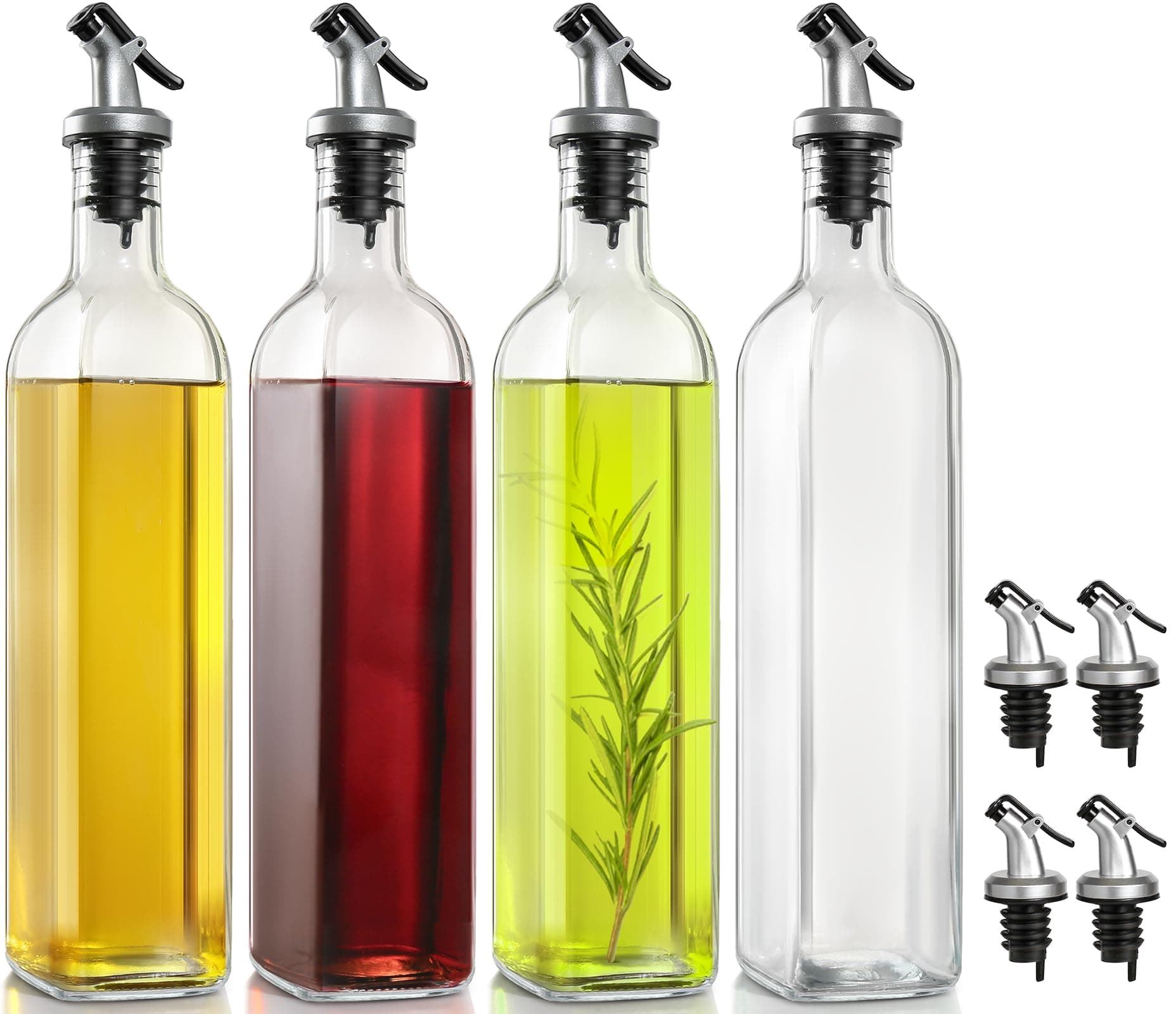 Olive Oil Dispenser Bottle, Glass Cooking Oil Dispenser Bottle for Kitchen,Oil and Vinegar Dispenser Set of 4, Oil Drizzler with Plastic Pourer, Funnel - 500ml