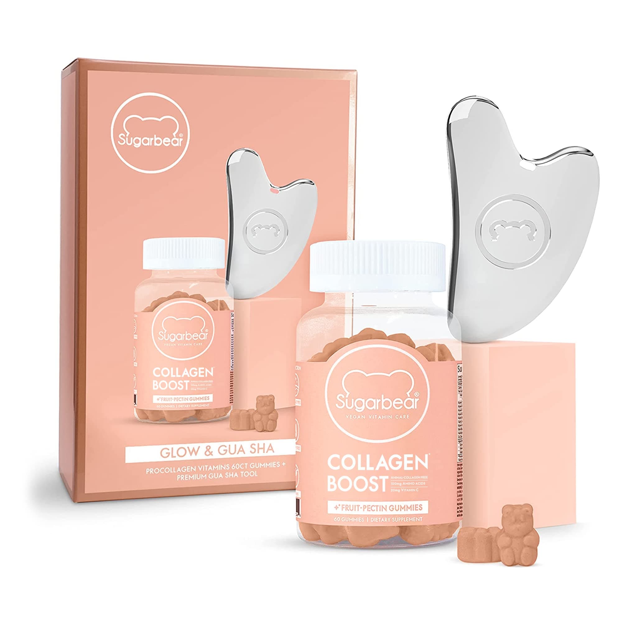 SugarbearPRO Collagen Boosting Multivitamin, Vegan Collagen Booster Gummy Vitamins with 100mg of Amino Acids, Vitamin C, Biotin & Vitamin D - Gua Sha Holiday Set