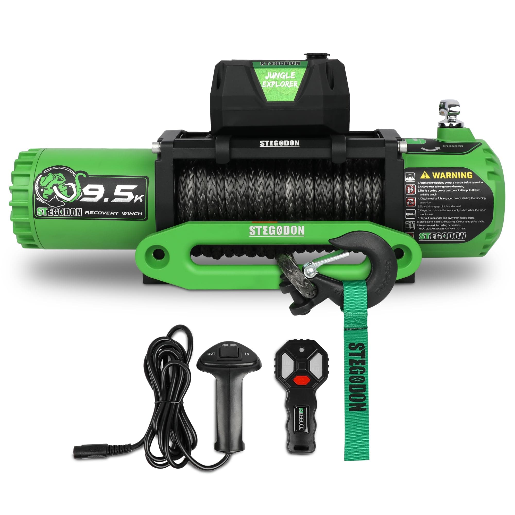 Winch 9500lb Electric Winch 12V Winch with Synthetic Rope Car Trailer Winch with Green Hawse Fairlead Wireless Remote and Wired Handle for Truck SUV Jeep
