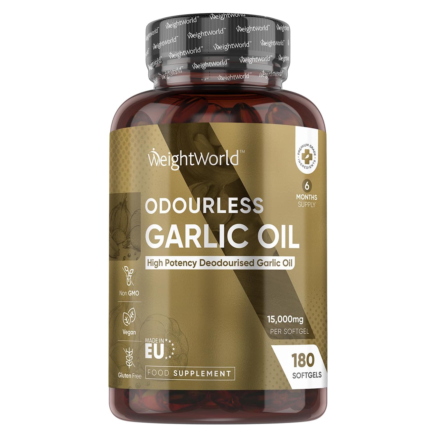 Odorless Garlic Capsules 15000mg Powerful - 180 Vegan Capsules (6 Month Supply) - High Potency, Unflavored, Cold Pressed Allium Sativum Oil 500:1 - Powdered & Black Garlic Alternative