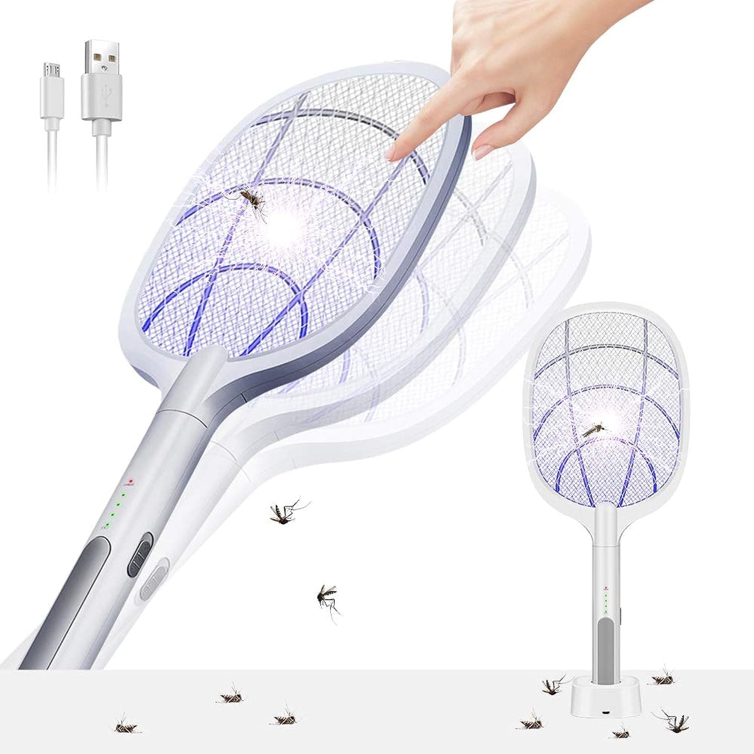 AWH Weidace Bug Zapper 2 in 1 Large Electric Mosquito Swatter & Mosquito Lamp Fly Killer Insect Swatter 3000 Volt USB Rechargeable LED Purple Light Trapping Mosquitoes 3 Layers Safety Mesh Design