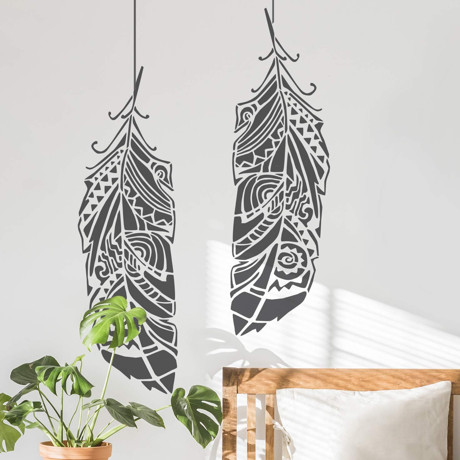 STENCILIT® Feather Large Wall Stencil for Painting - XL Size 35" x 11" - Boho Feather Stencils - Tribal Feather Stencils for Painting on Wood