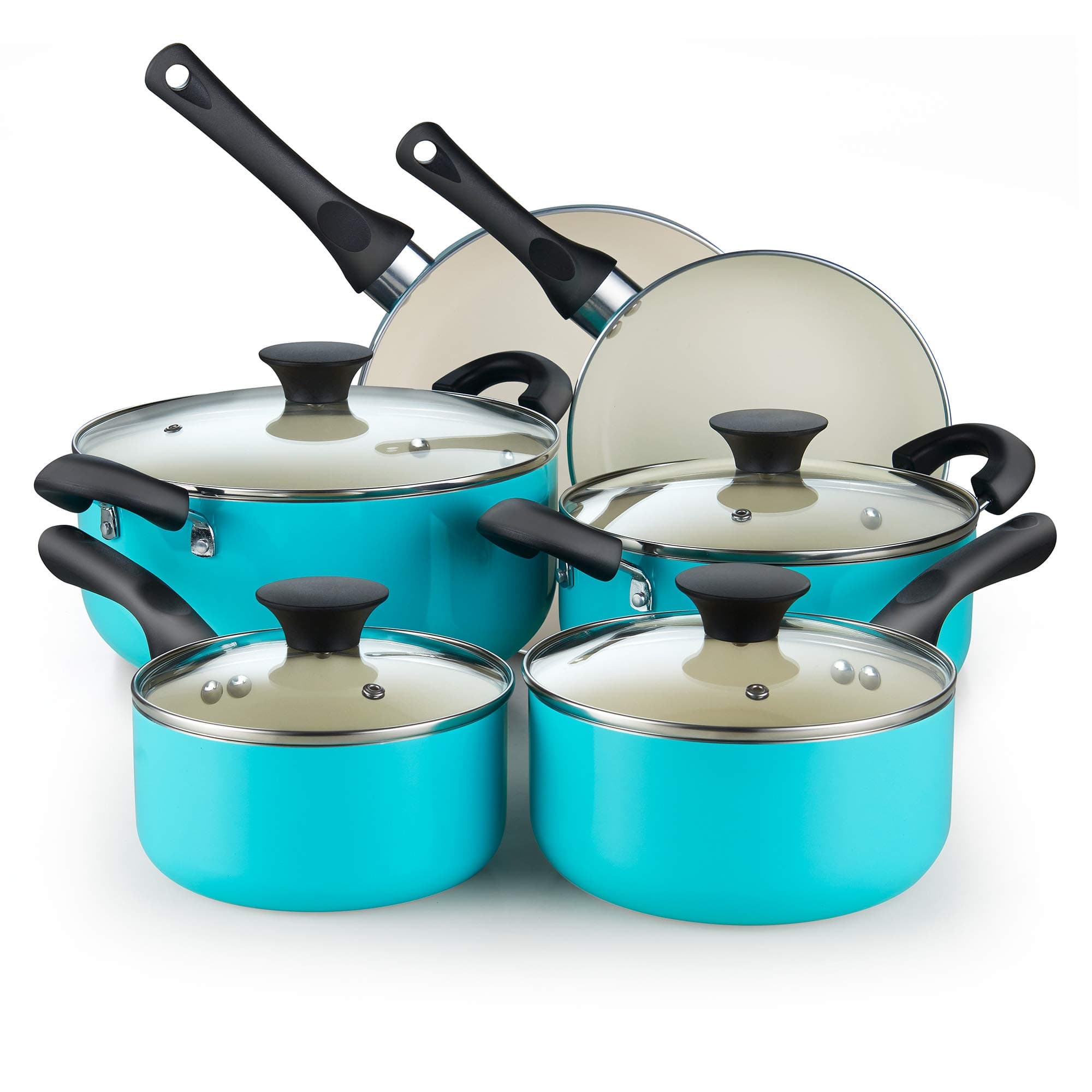 Cook N Home 10-Piece Ceramic Nonstick Cookware Set - Pots, Pans, Dutch Oven, Saucepans, Frying Pans and Lids - Turquoise