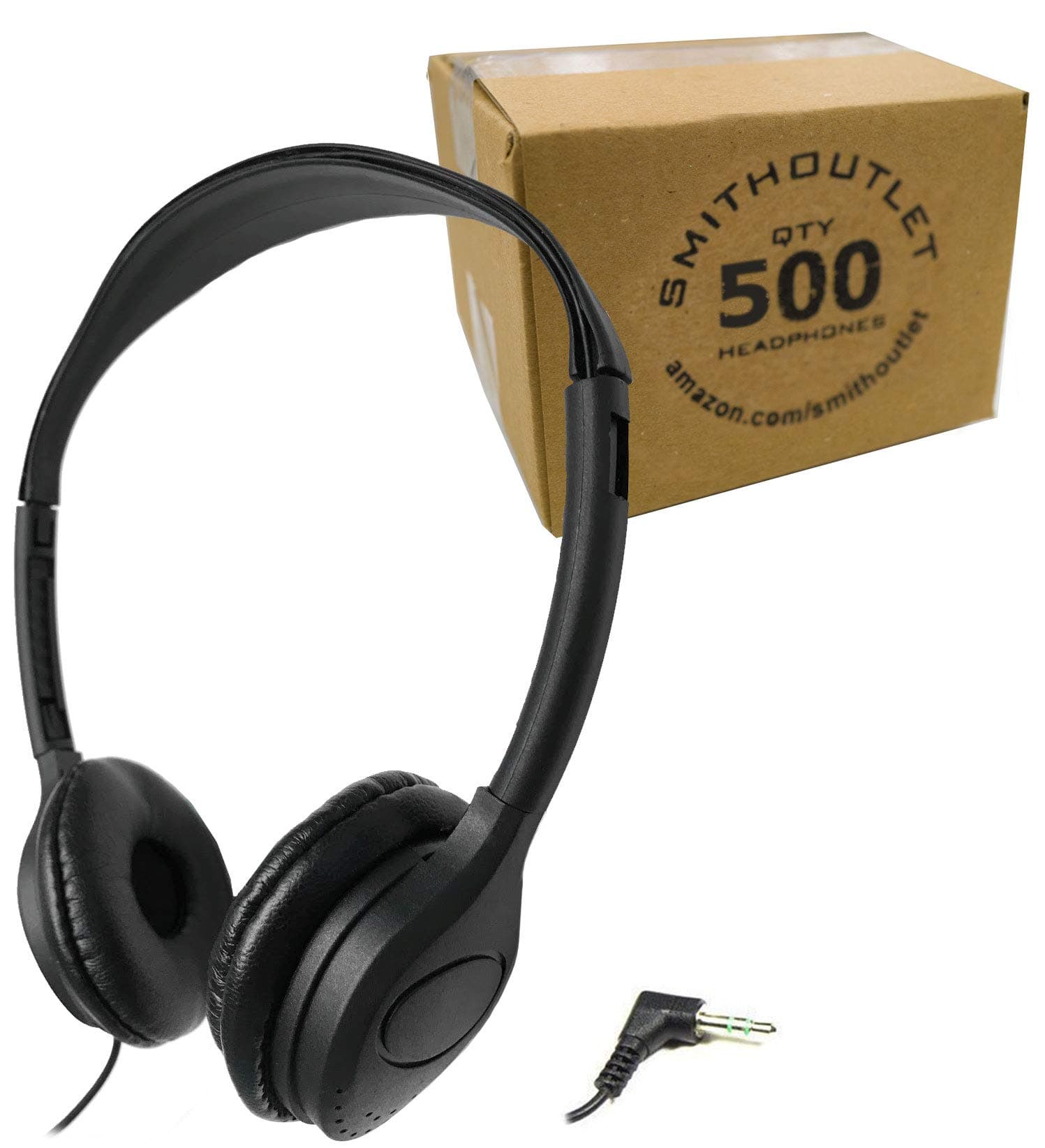 SmithOutlet 500 Pack Low Cost Headphones in Bulk | Model SG-313-500 | Wired 3.5 MM Jack Connectivity | Black Leatherette Cushions | for Schools, Classrooms, Students, Libraries