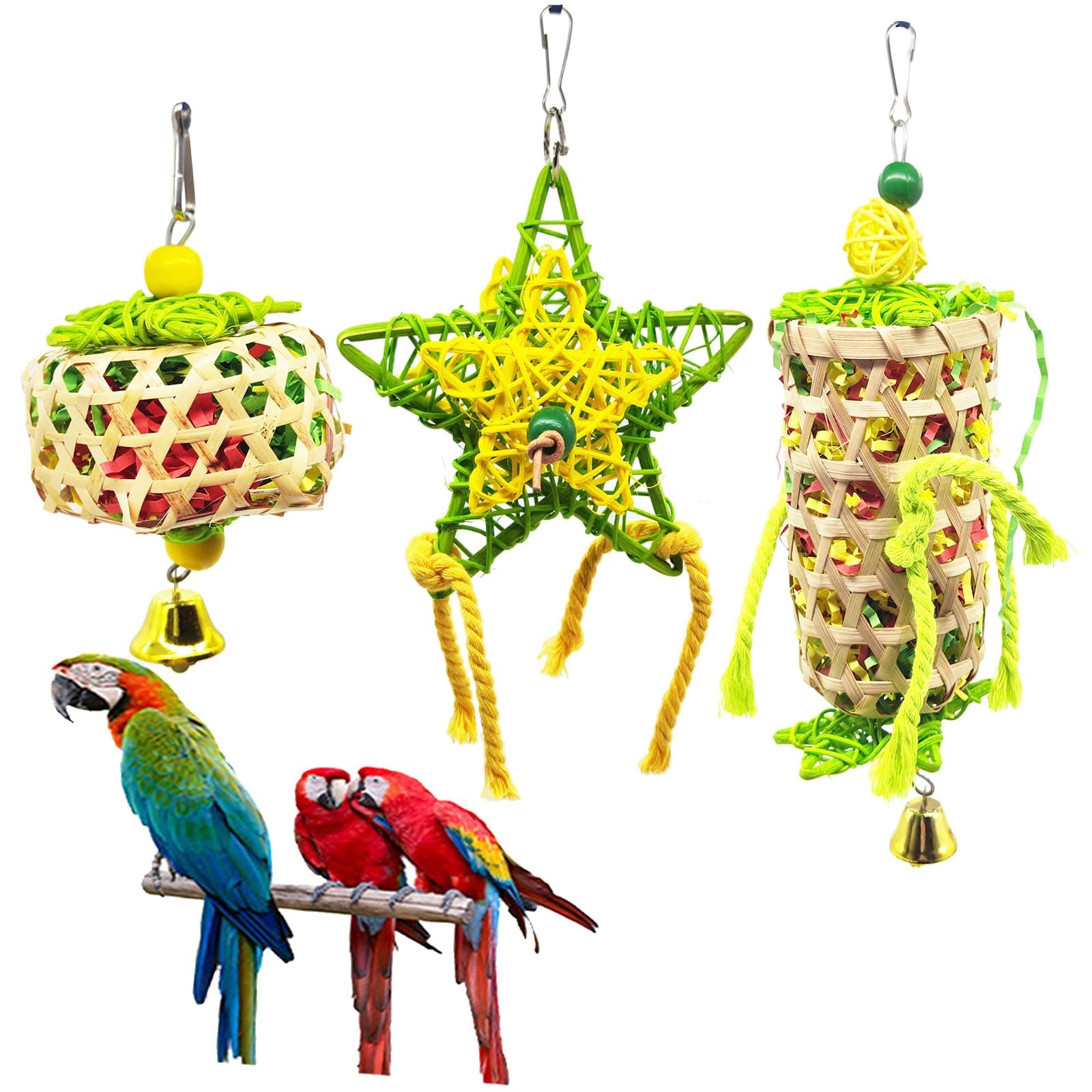 3 Pack Shredder Foraging Feeder Bird Toys Treat Basket for Parrots, Conure Shredding Chewing Paper Hanging Cage Climbing Foot Toys with Bell for Parakeets Cockatiel African Grey