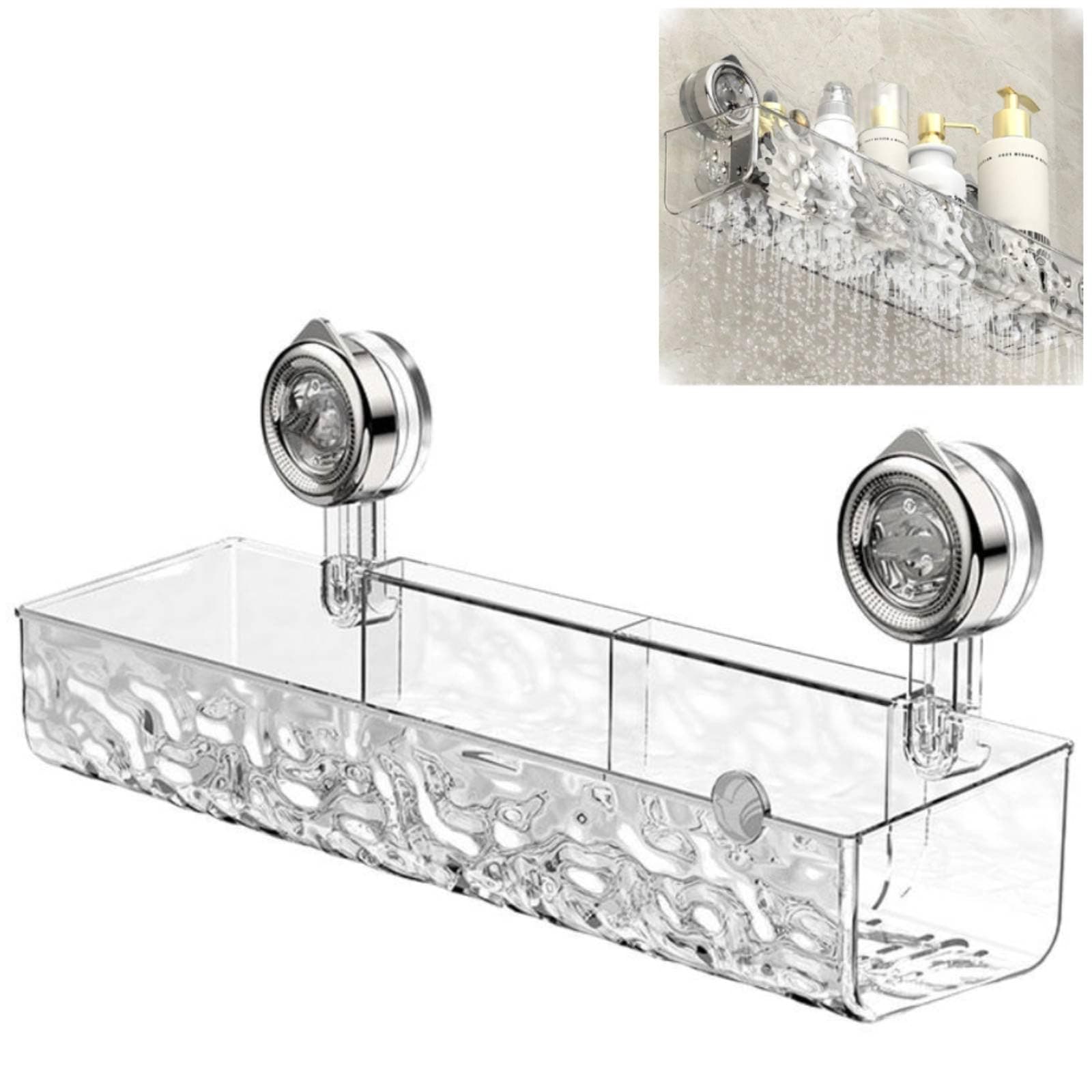 Generic No Drill Clear Wall Caddy, 1 Shelf, Rectangular, Polished, Wall Mount, Suction Cup, Shower Storage