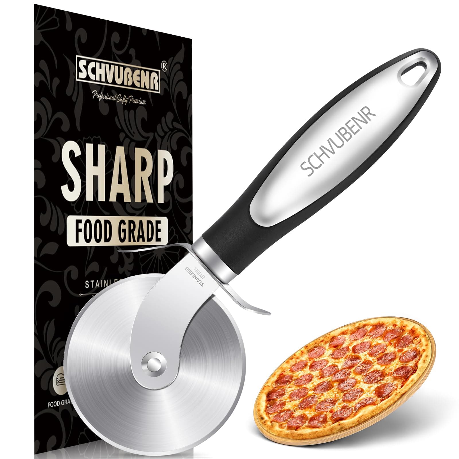 SCHVUBENR Premium Pizza Cutter Wheel - Ultra Sharp Stainless Steel Pizza Slicer with Non-Slip Soft Grip Handle - Multi-Purpose Cutter for Pizza, Dough & Pastry - Dishwasher Safe, Easy to Clean - Black