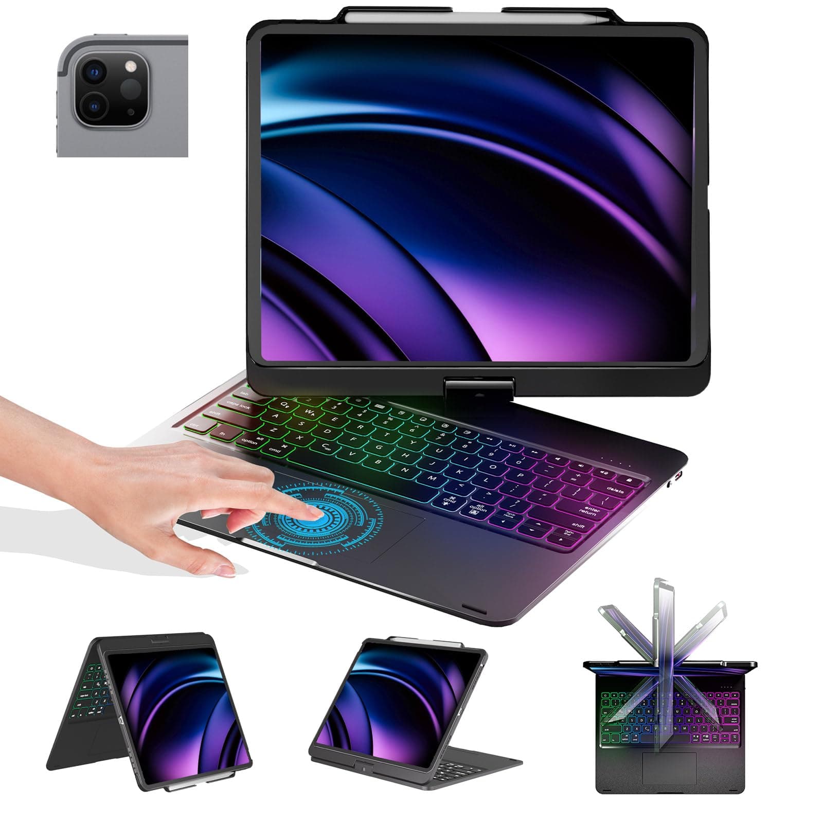 iPad Pro 12.9 inch 6th Generation 2022 Case with Keyboard and Touchpad, Compatible with iPad Pro 12.9-inch 5th Gen 2021/4th Gen 2020/3rd Gen 2018, Rainbow Backlits & Apple Pencil Charging - Black